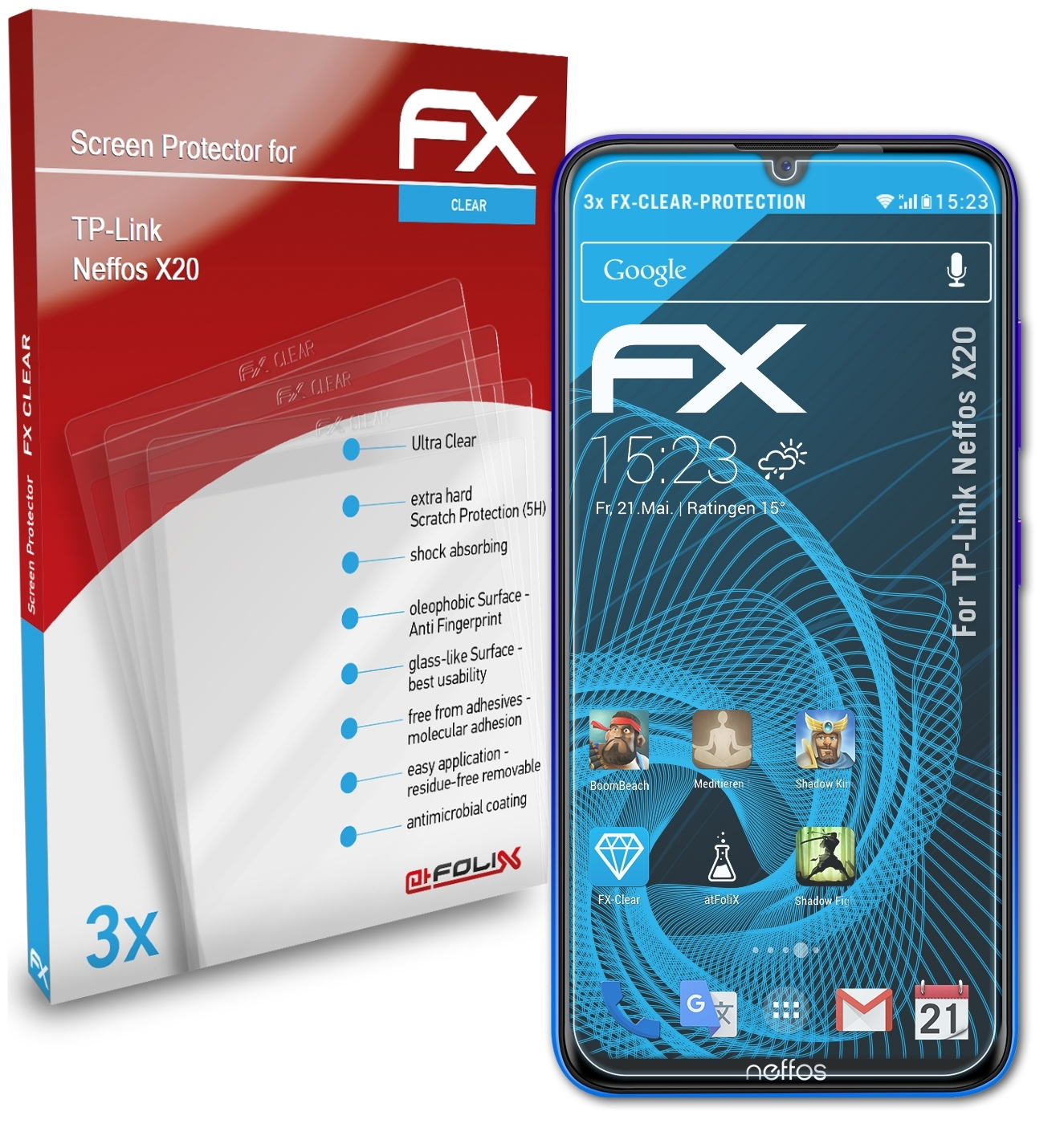 ATFOLIX 3x FX-Clear Neffos X20) TP-Link Displayschutz(für