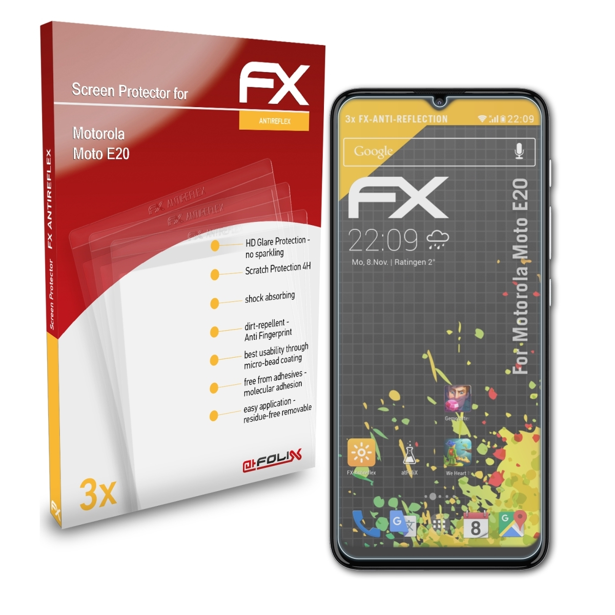 ATFOLIX 3x Motorola FX-Antireflex E20) Displayschutz(für Moto