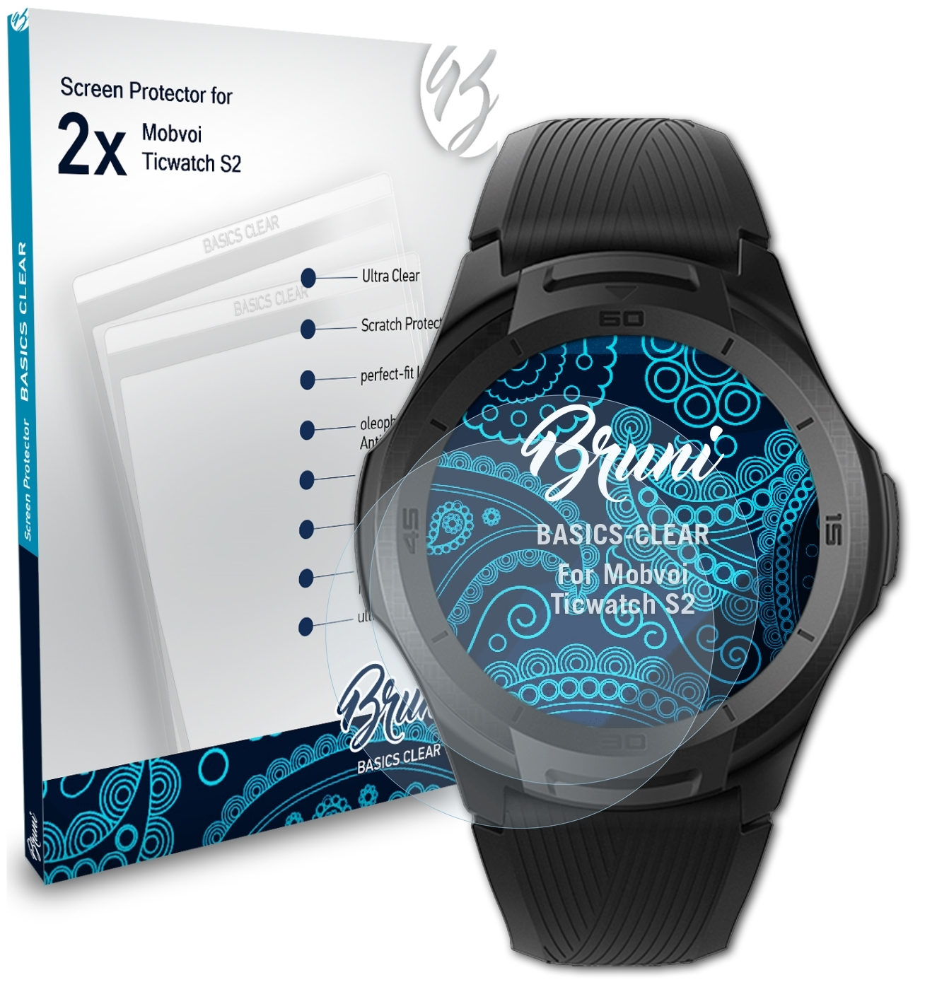 S2) BRUNI 2x Mobvoi Basics-Clear Schutzfolie(für Ticwatch