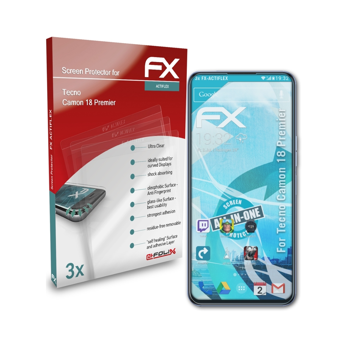 ATFOLIX 18 Premier) FX-ActiFleX Tecno Camon Displayschutz(für 3x