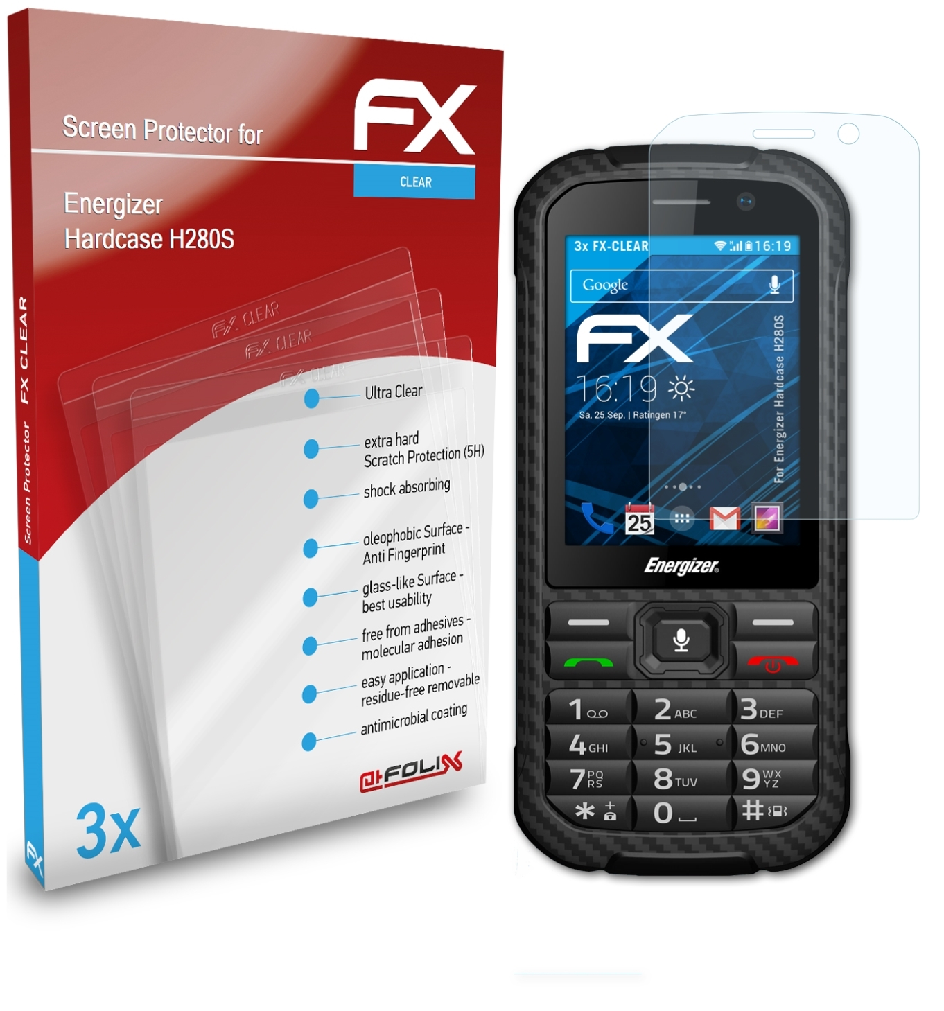 ATFOLIX 3x Displayschutz(für Hardcase FX-Clear Energizer H280S)