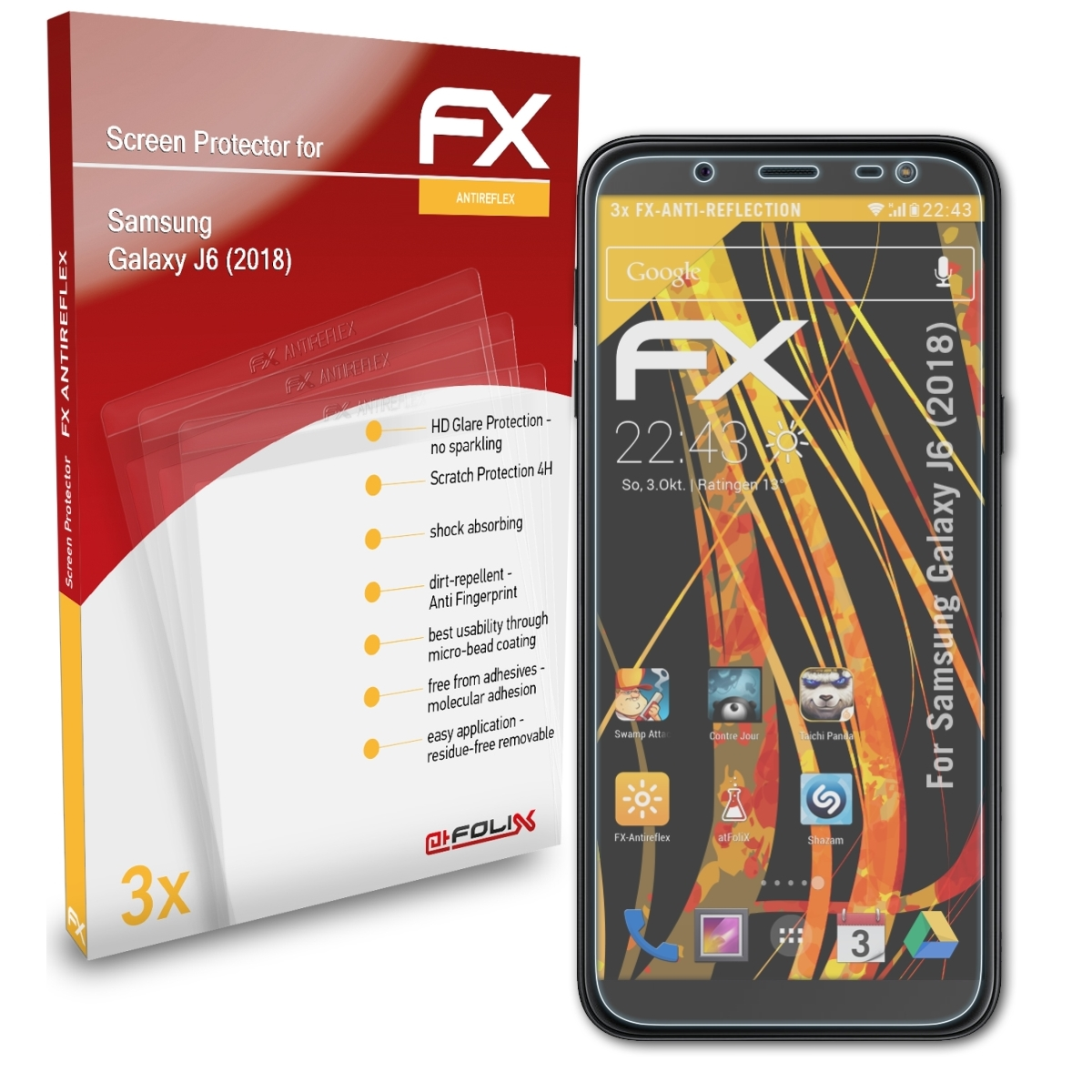 ATFOLIX 3x FX-Antireflex Displayschutz(für (2018)) Samsung J6 Galaxy