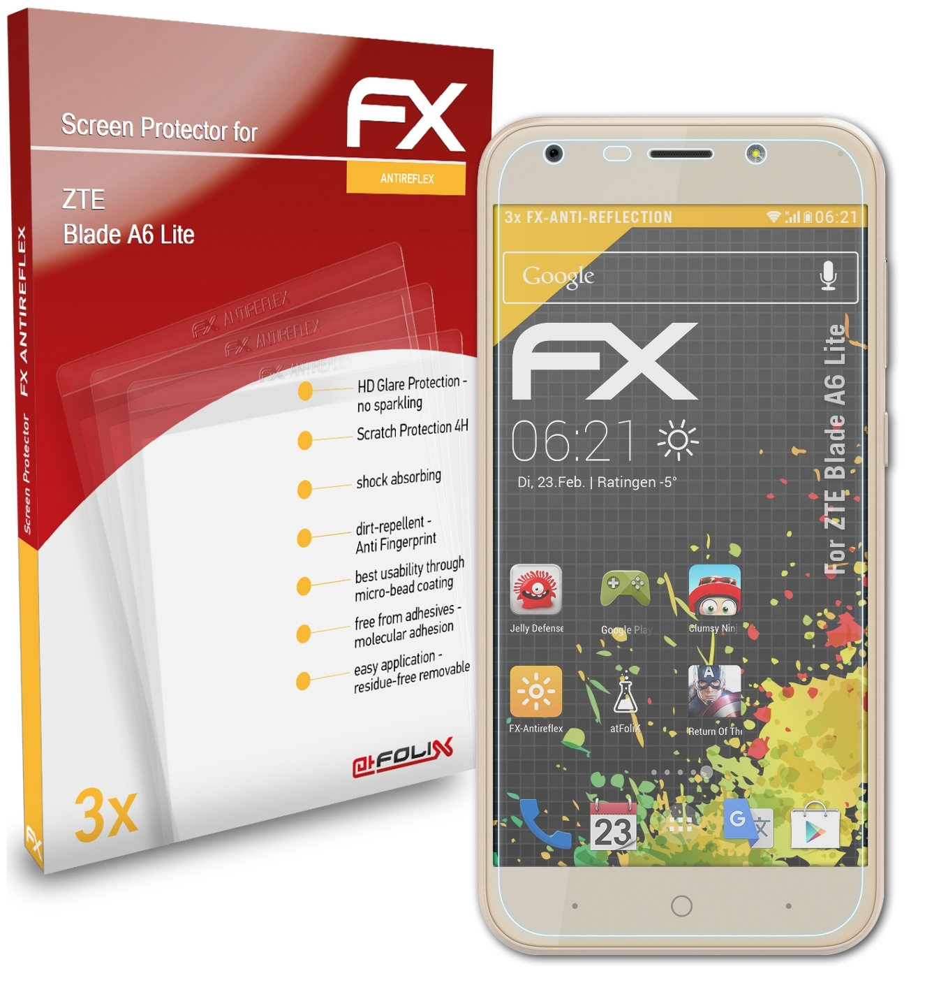 ATFOLIX 3x FX-Antireflex Displayschutz(für ZTE Lite) A6 Blade