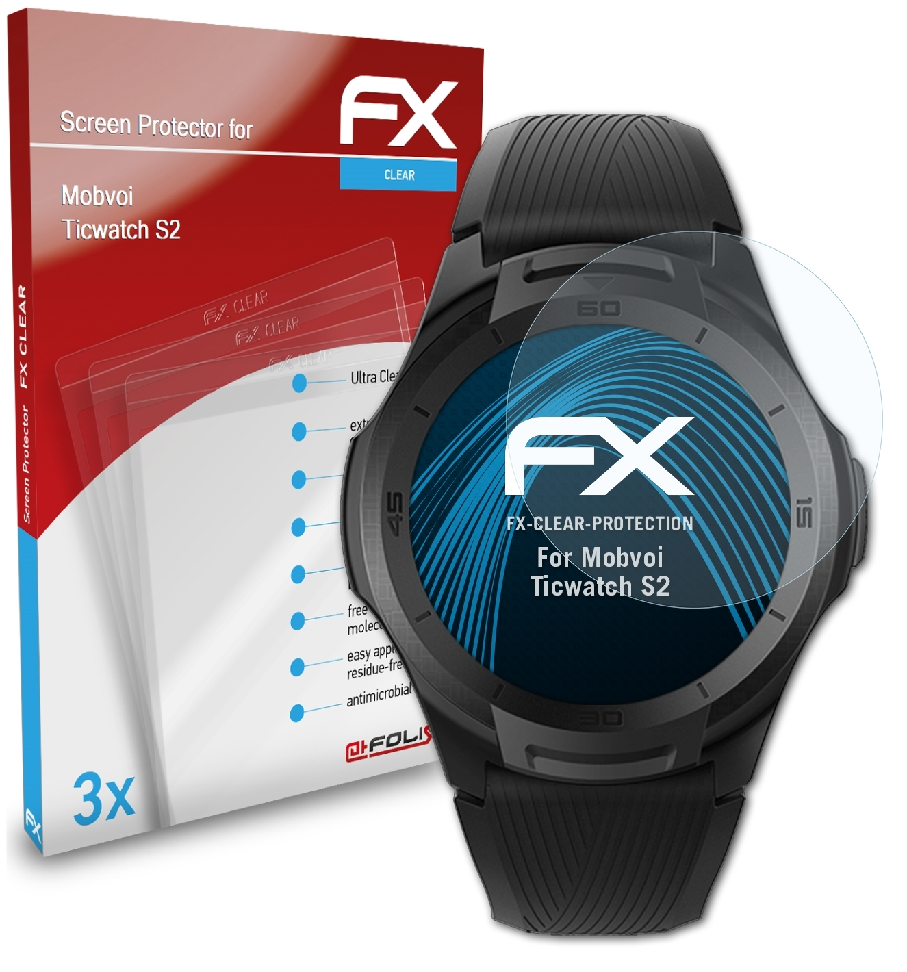 ATFOLIX Mobvoi Displayschutz(für FX-Clear Ticwatch S2) 3x