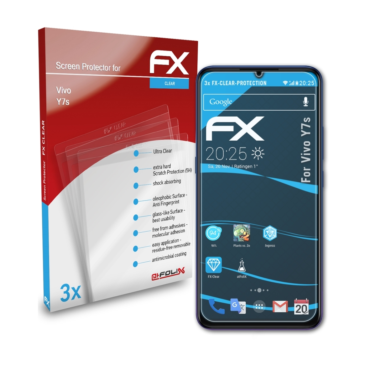Vivo 3x FX-Clear Y7s) ATFOLIX Displayschutz(für