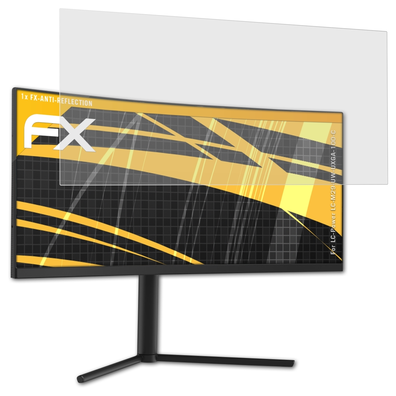 Gebogener Monitor mit Displayschutz und zusätzlichem Schutz oben drauf.