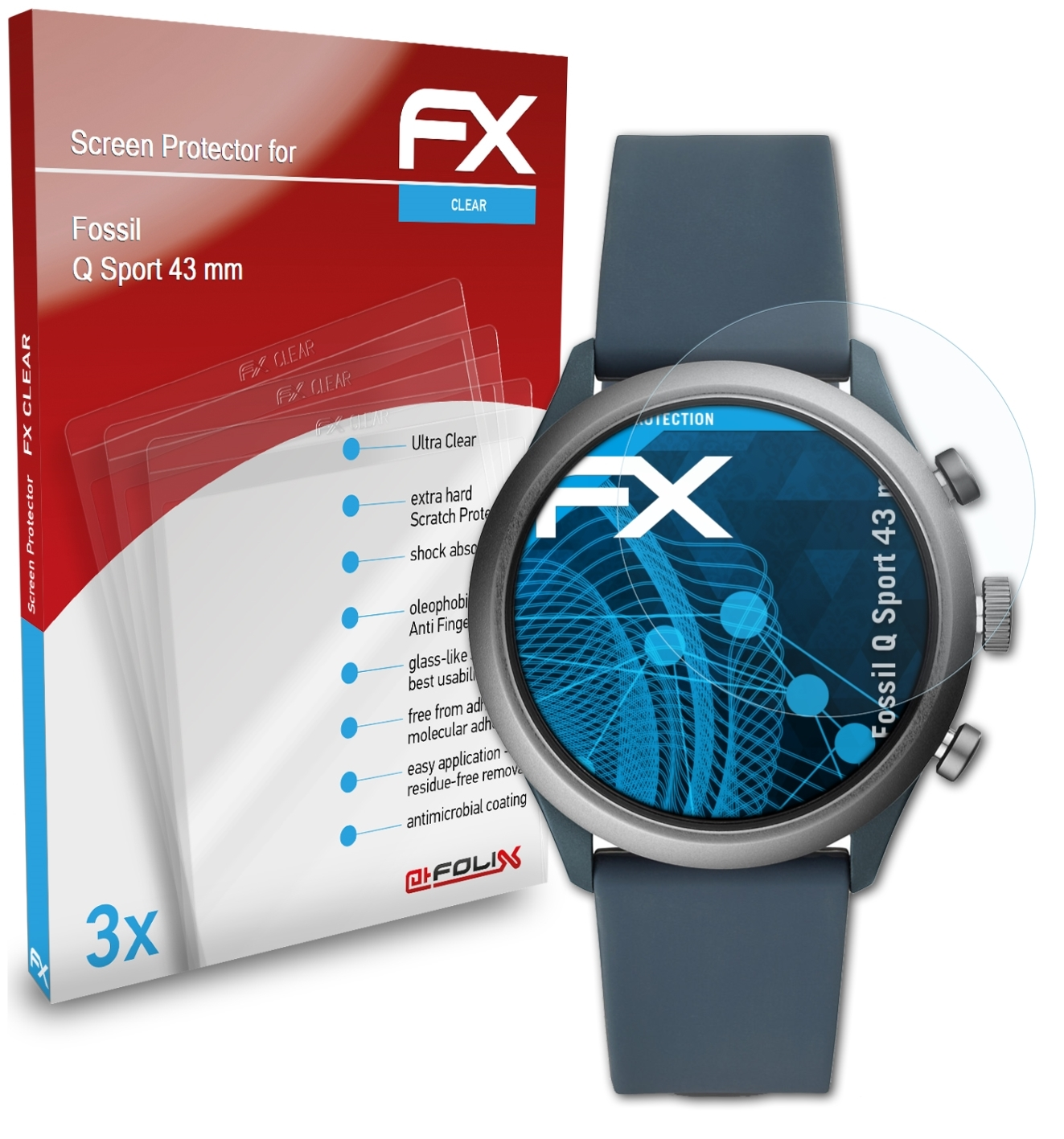ATFOLIX 3x FX-Clear (43 mm)) Fossil Sport Q Displayschutz(für