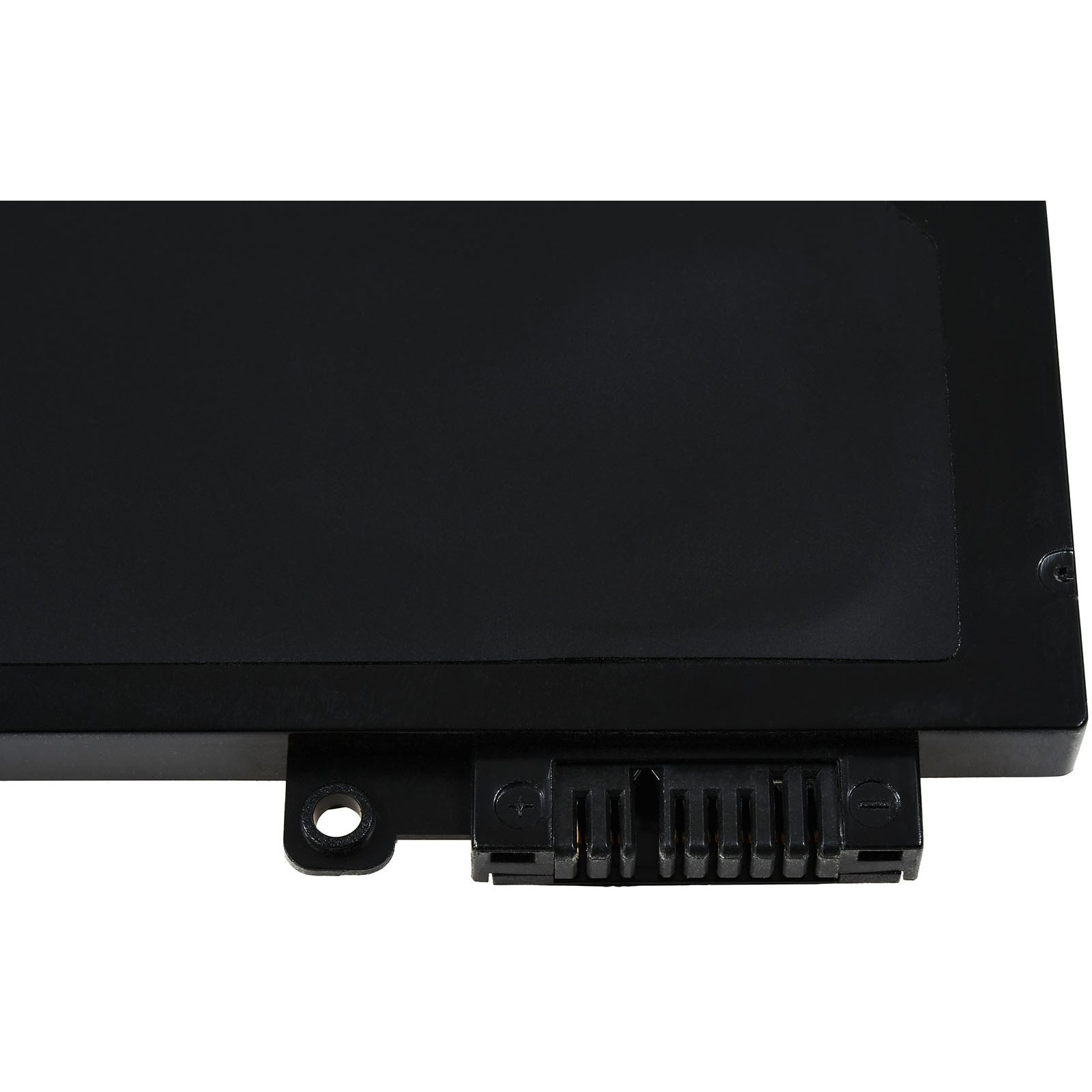 Batería negra para portátil con conector en la parte inferior, aislada sobre fondo blanco.