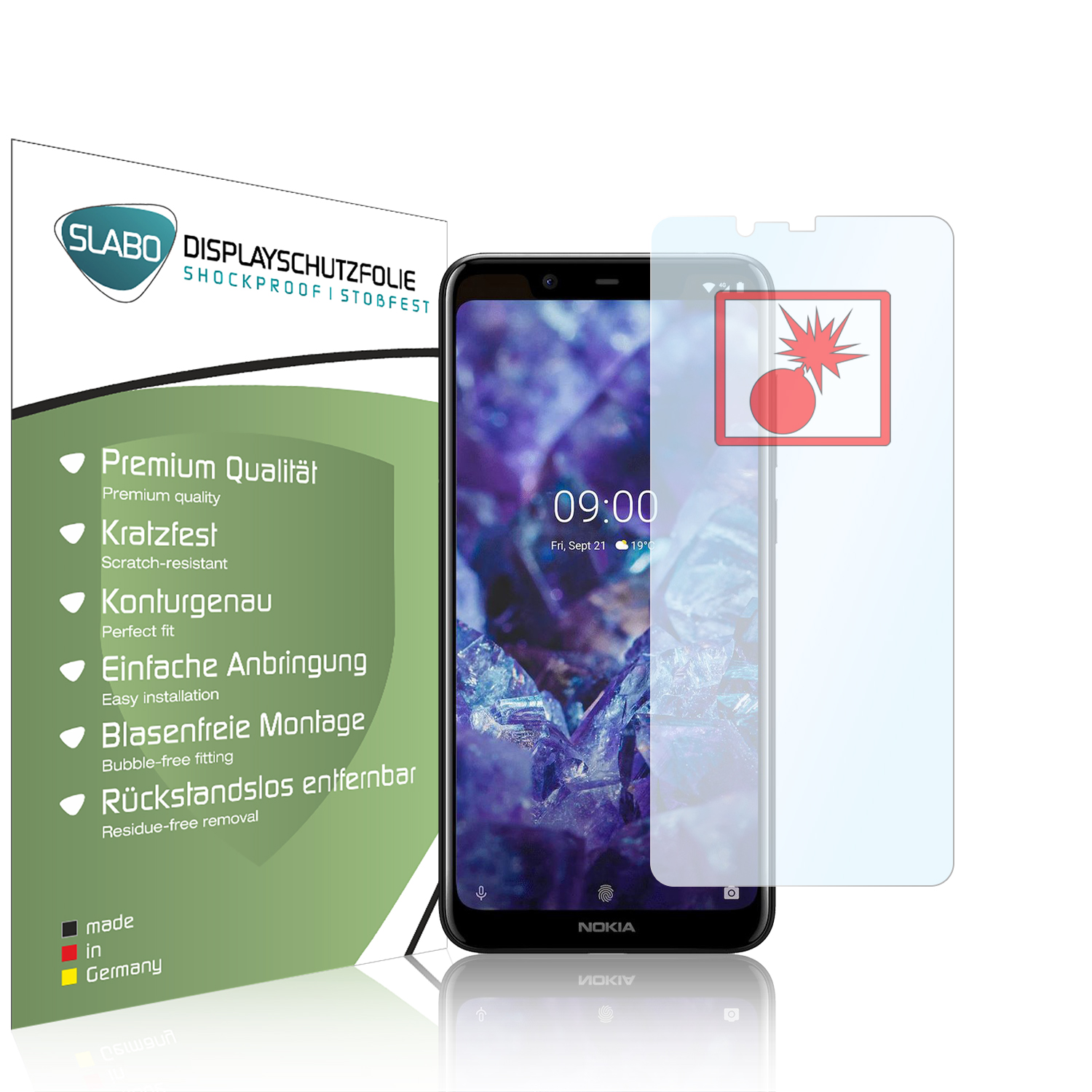 Ein Telefon mit Displayschutz und Box. Die Box enthält Details des Protectors. Der Hintergrund ist weiß.