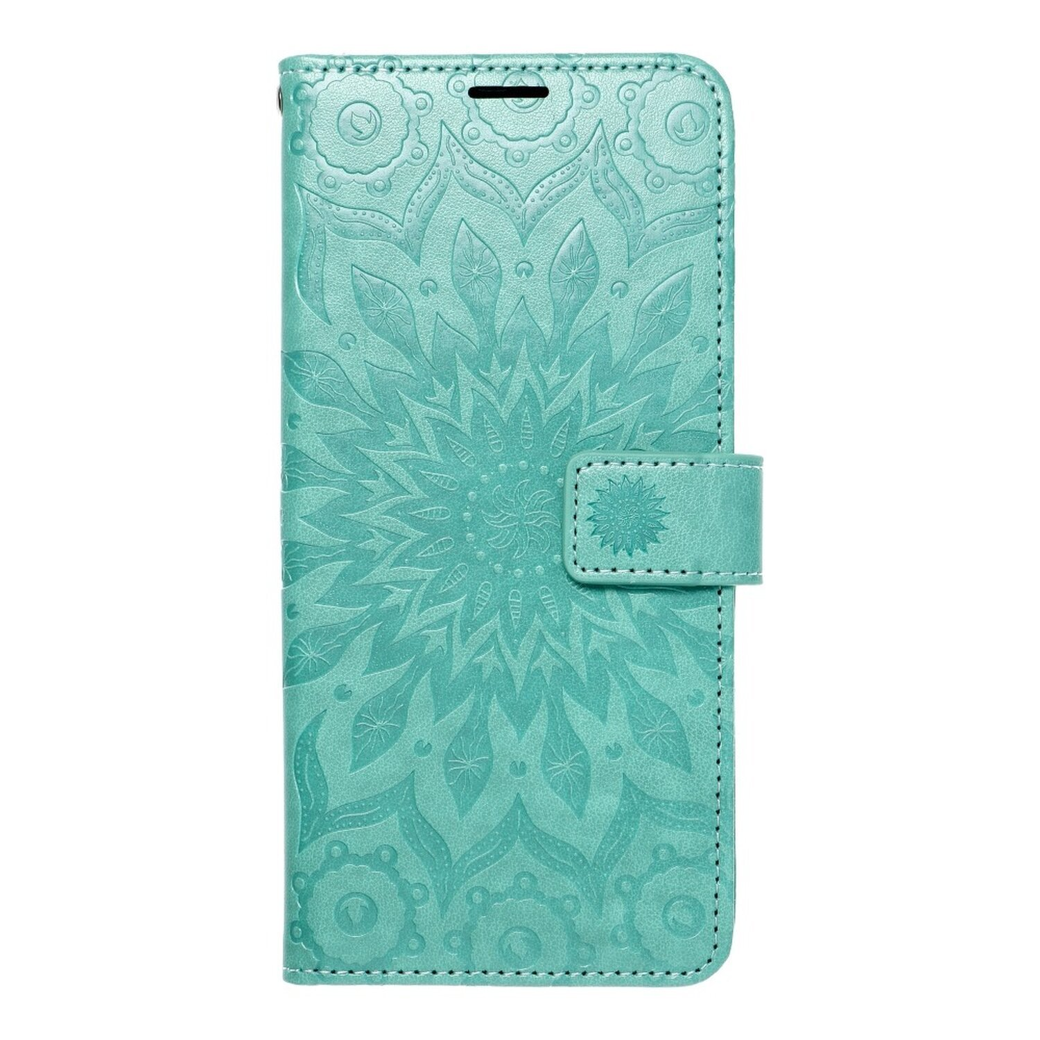 Türkisfarbene Handyhülle mit floralem Mandala-Design und Verschluss. Weißer Hintergrund.
