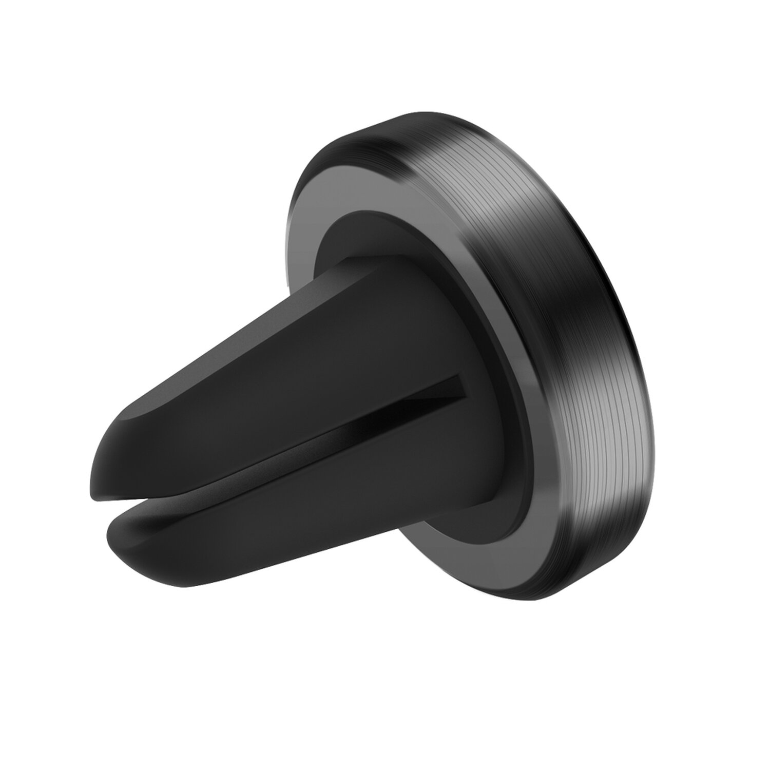 Schwarzer Handyhalter für die Lüftung mit silbernem Ring außen.