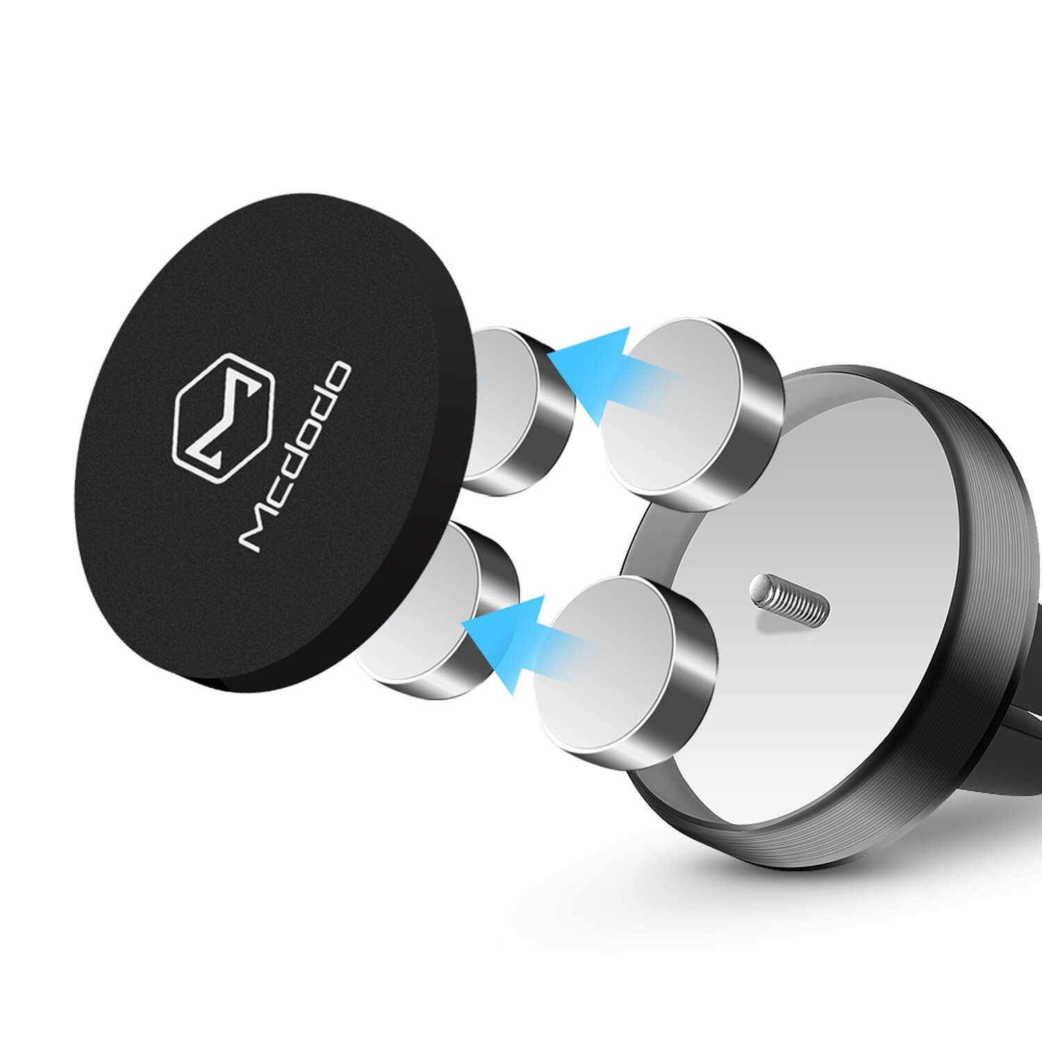 Magnetischer Telefonhalter mit getrennten Teilen, die Magnete und Logo zeigen.