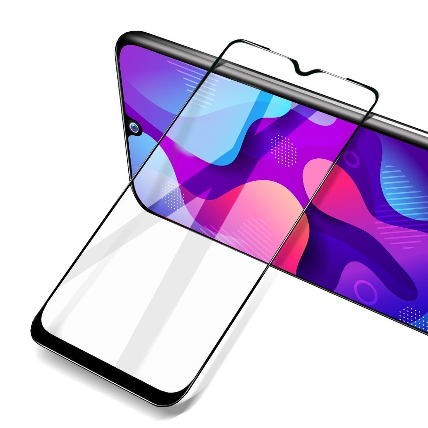 Smartphone-Displayschutzglas. Der Schutz ist klar, mit schwarzen Rändern, über einem Telefonbildschirm platziert.
