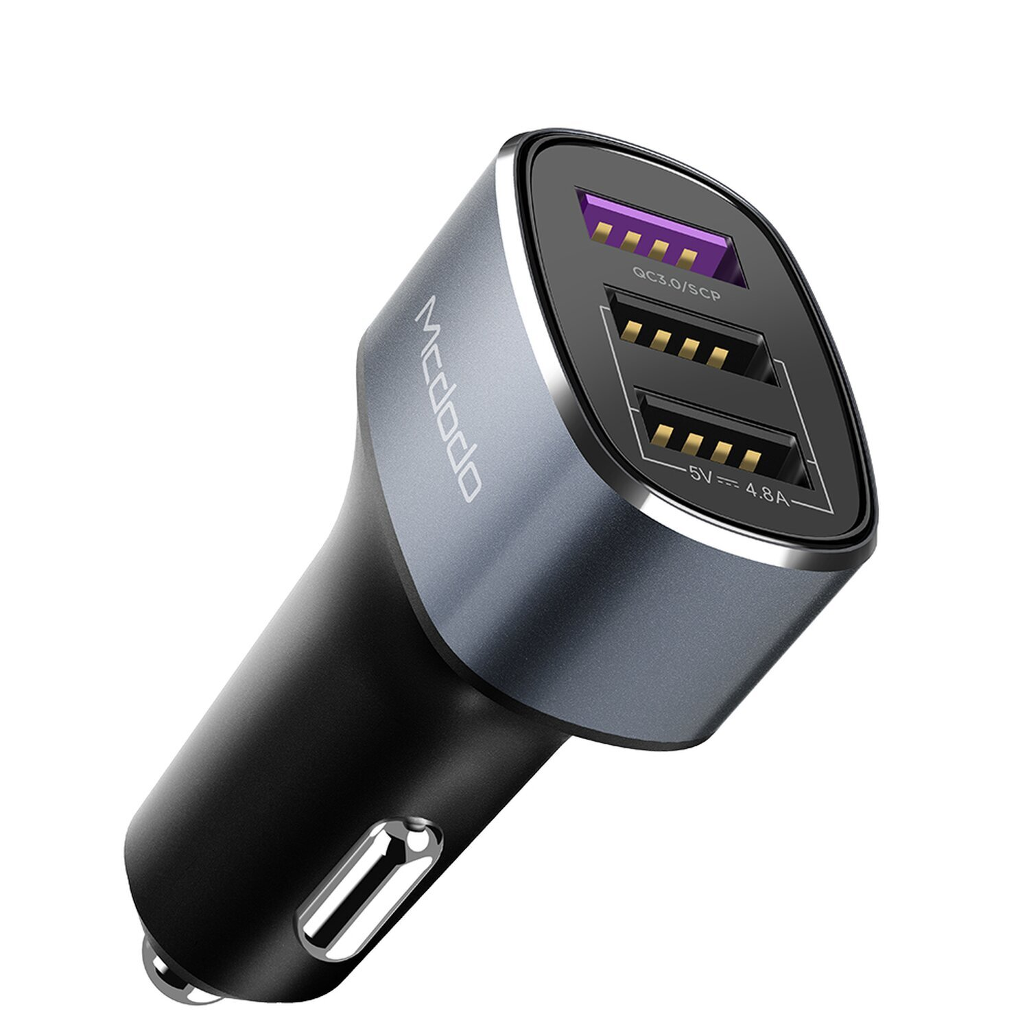 Kfz-Ladegerät mit zwei USB-Anschlüssen. Grau und Schwarz. Weißer Hintergrund.