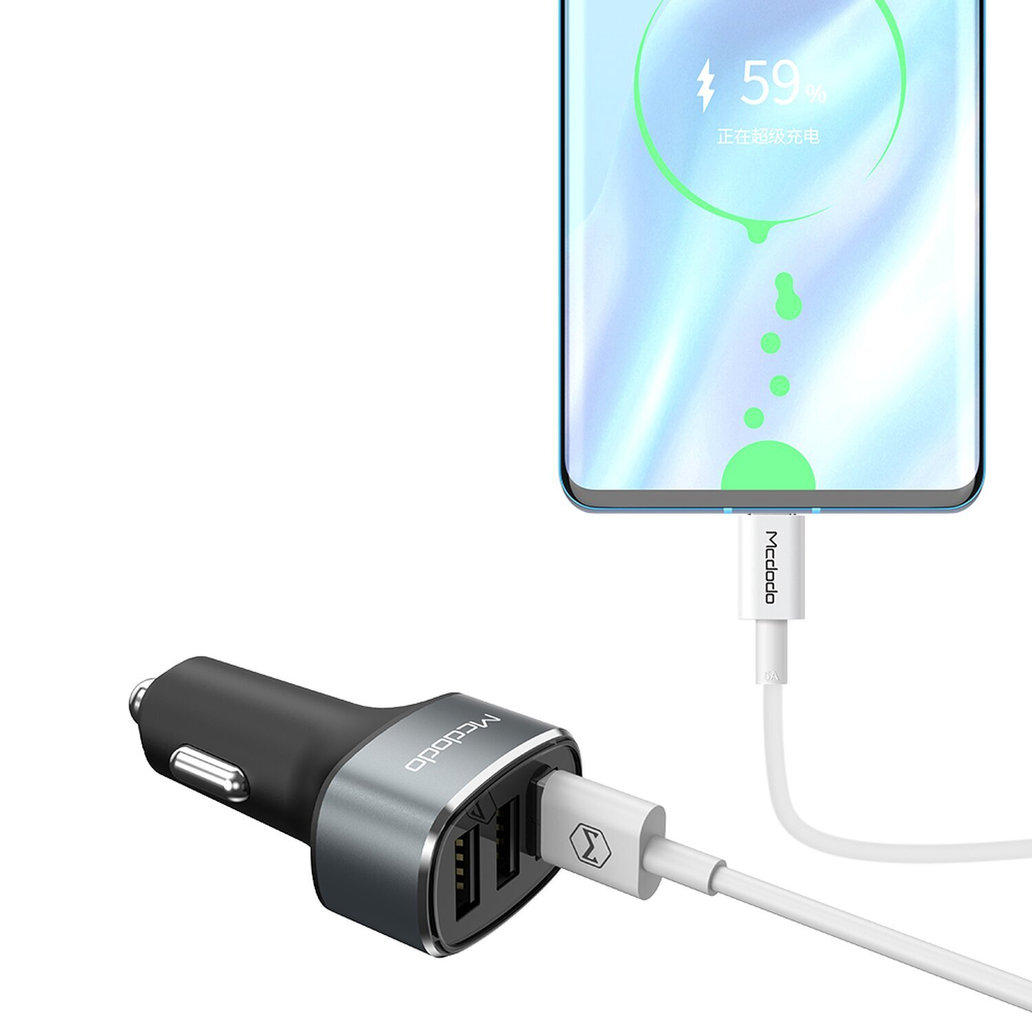 Autoladegerät mit zwei USB-Anschlüssen, das ein Telefon mit 59 % auflädt.