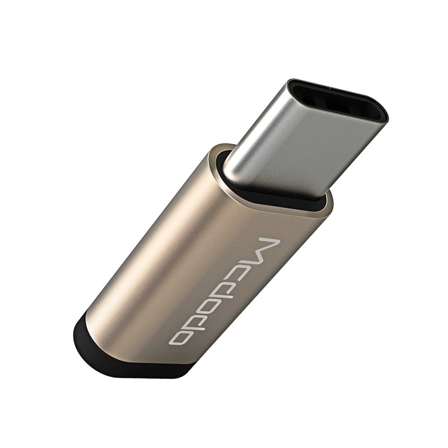 Ein goldfarbener USB-C-Anschluss. Der Anschluss ist abgewinkelt, auf weißem Hintergrund, mit Mcdojo-Text.