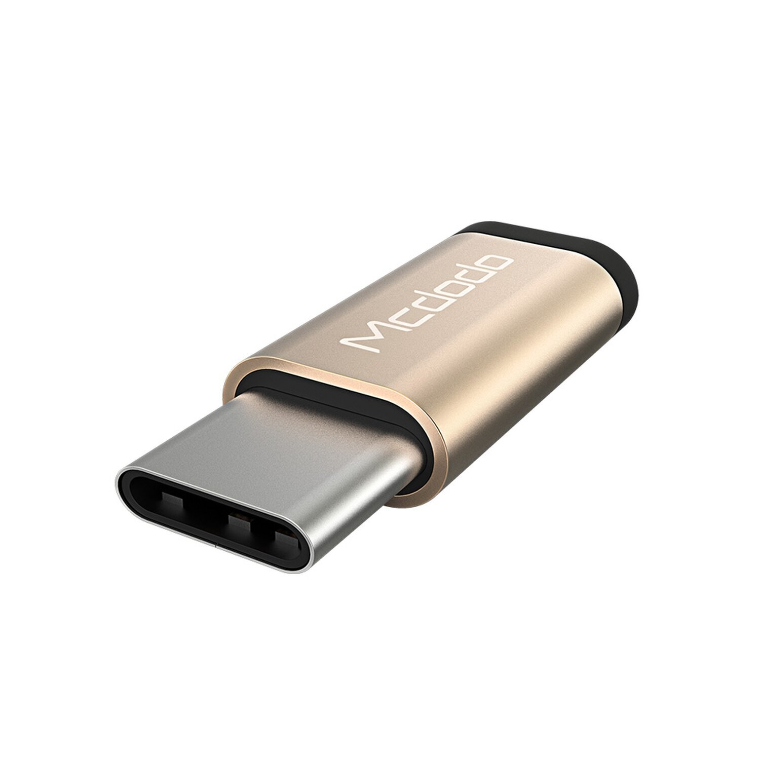 Ein goldfarbener USB-C-Anschluss auf weißem Hintergrund.