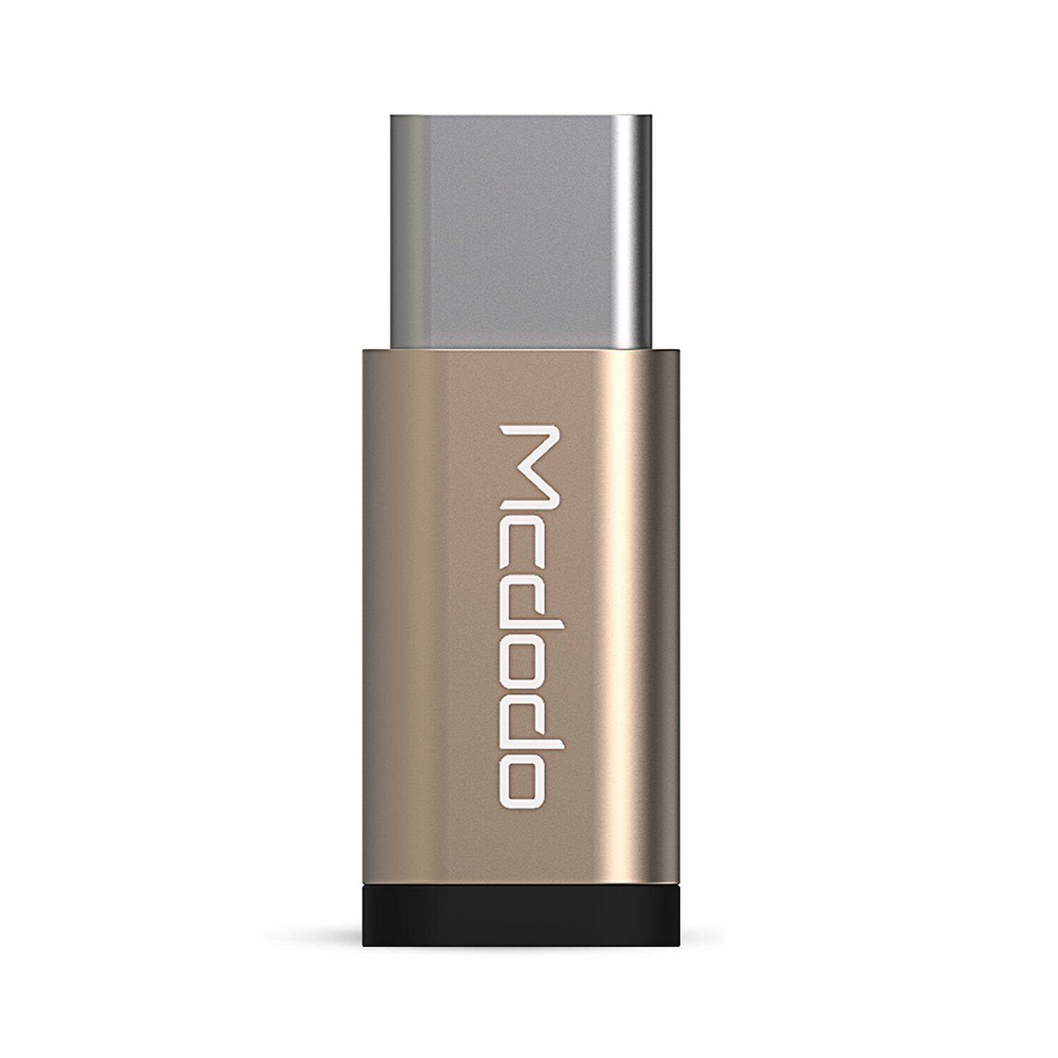 USB-C-auf-USB-A-Adapter. Er ist gold- und grau und trägt den Markennamen 'Mcdodo'.