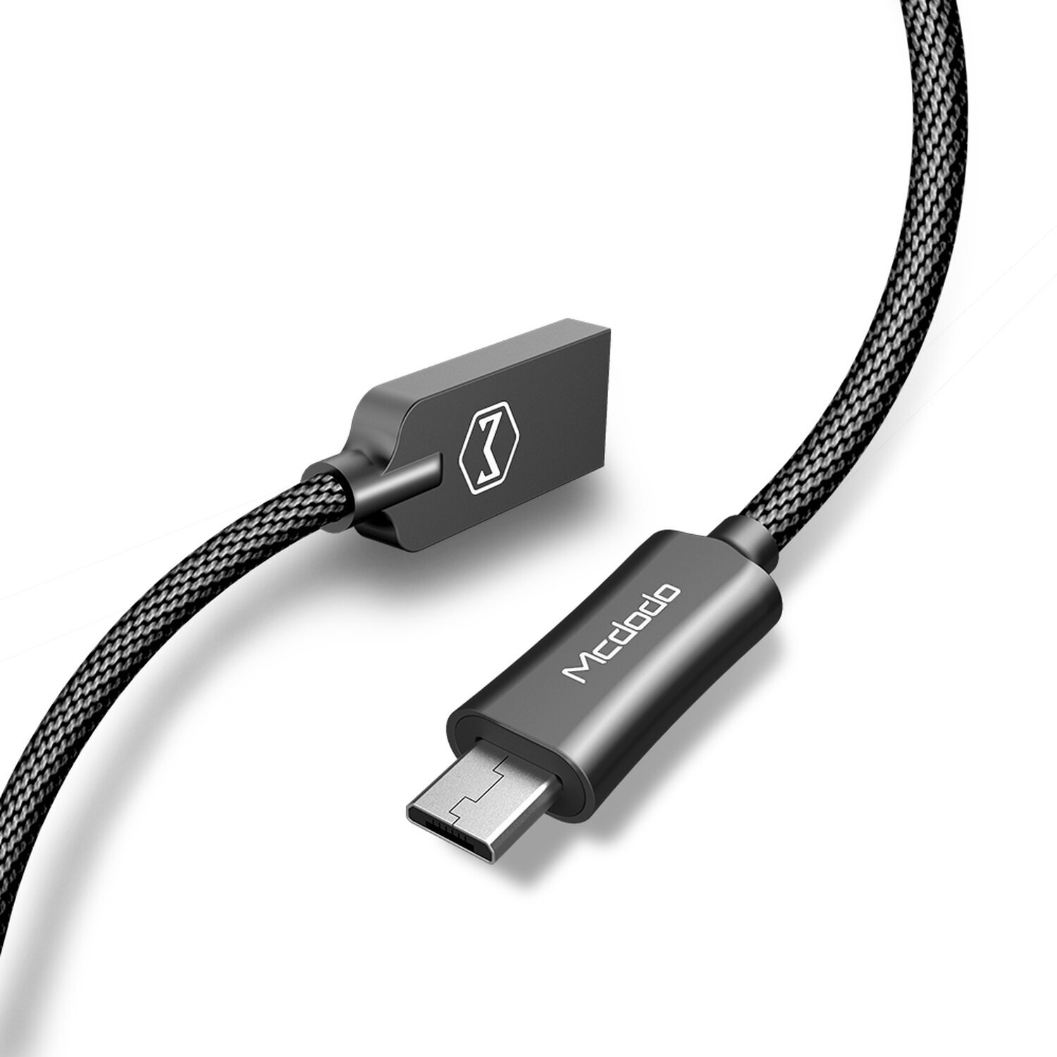 Ein schwarzes USB-C-Kabel mit schwarzem Stecker. Das Kabel ist geflochten.