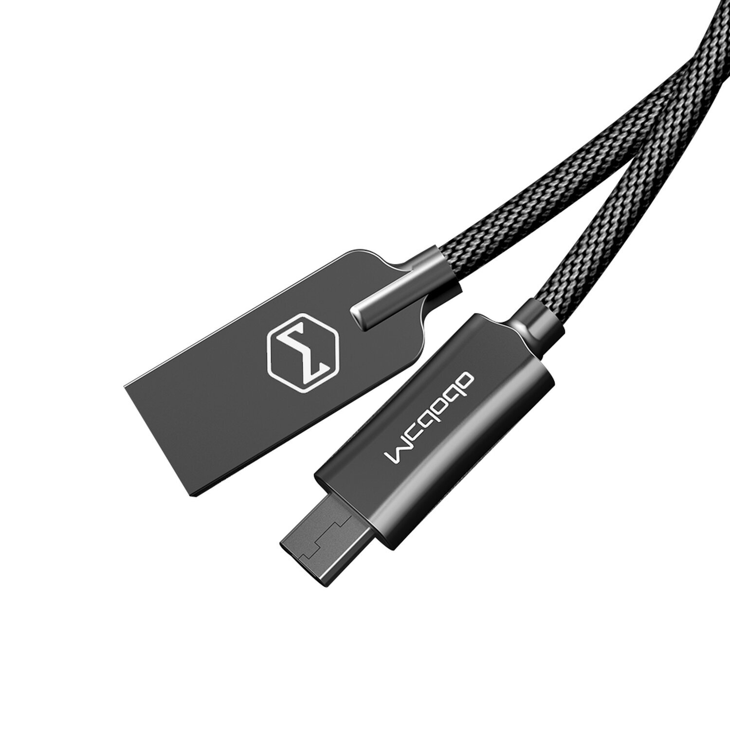 Schwarzes und graues USB-C-Kabel mit Logo auf der USB-Seite und Markennamen.