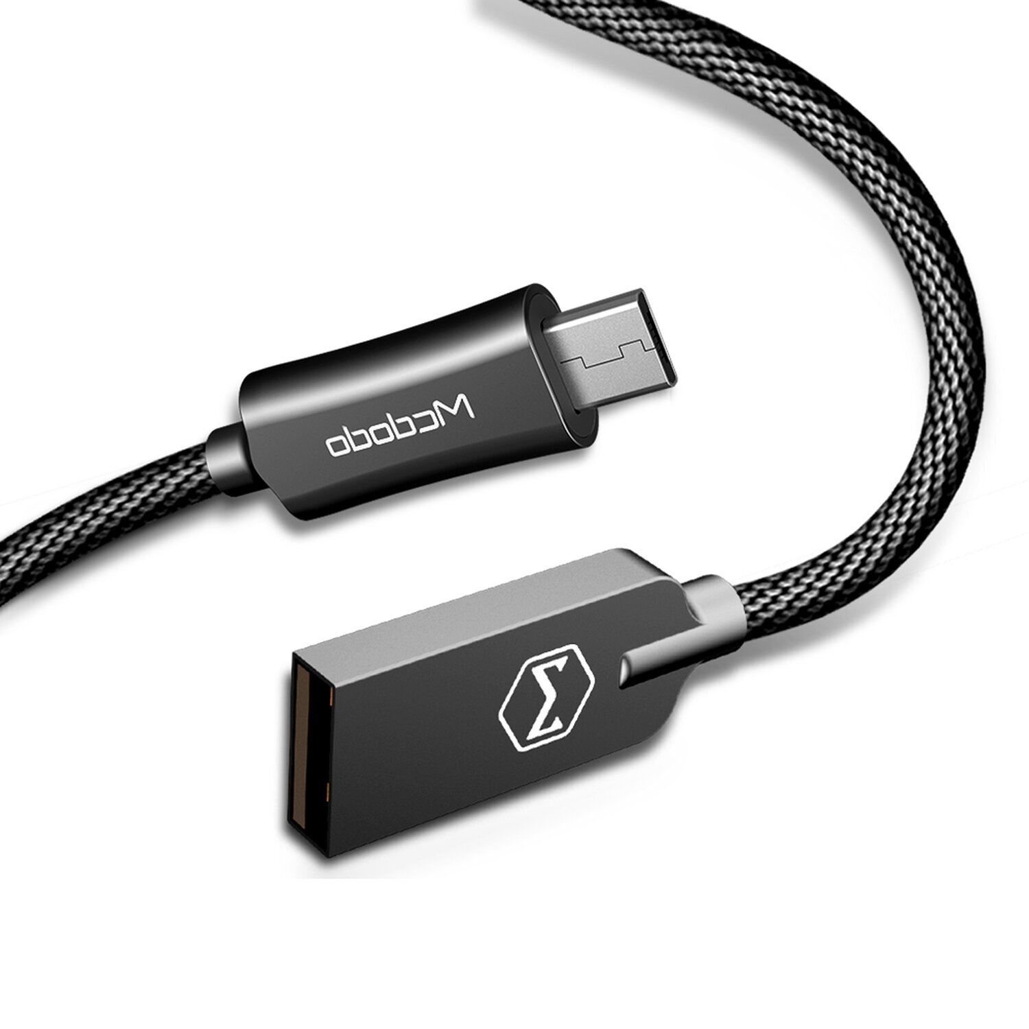 Schwarzes USB-Kabel mit Micro-USB- und USB-A-Anschluss.