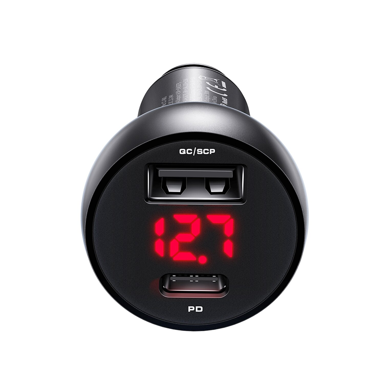 Ein schwarzes Autoladegerät mit zwei USB-Anschlüssen und roter LED-Anzeige 12,7.