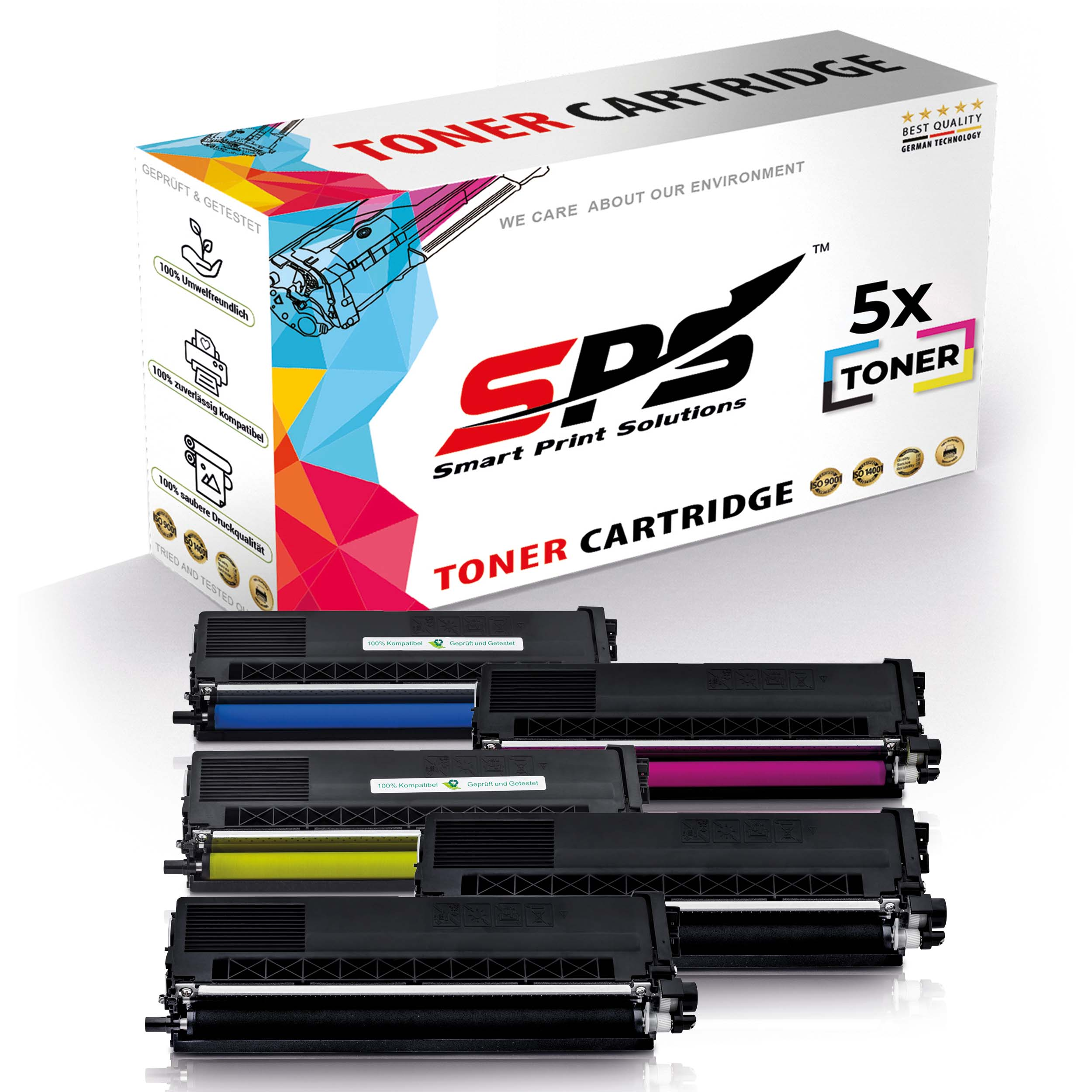 Sechs Tonerkartuschen, schwarz, gelb, cyan, magenta. Die Schachtel ist weiß mit einem Druckerbild.