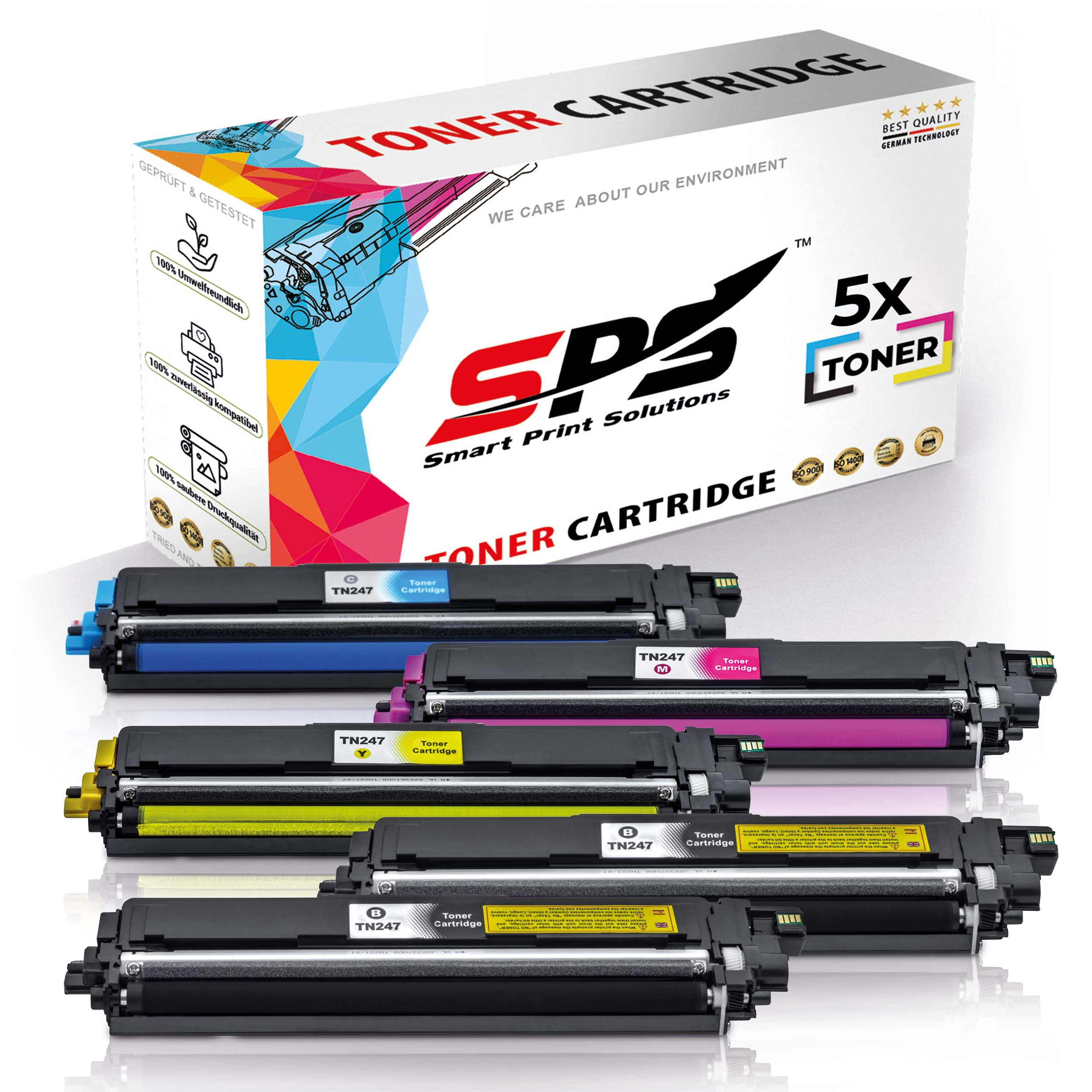 Sieben Tonerkartuschen und eine Box. Cyan, Magenta, Gelb und Schwarz. Weißer Hintergrund.