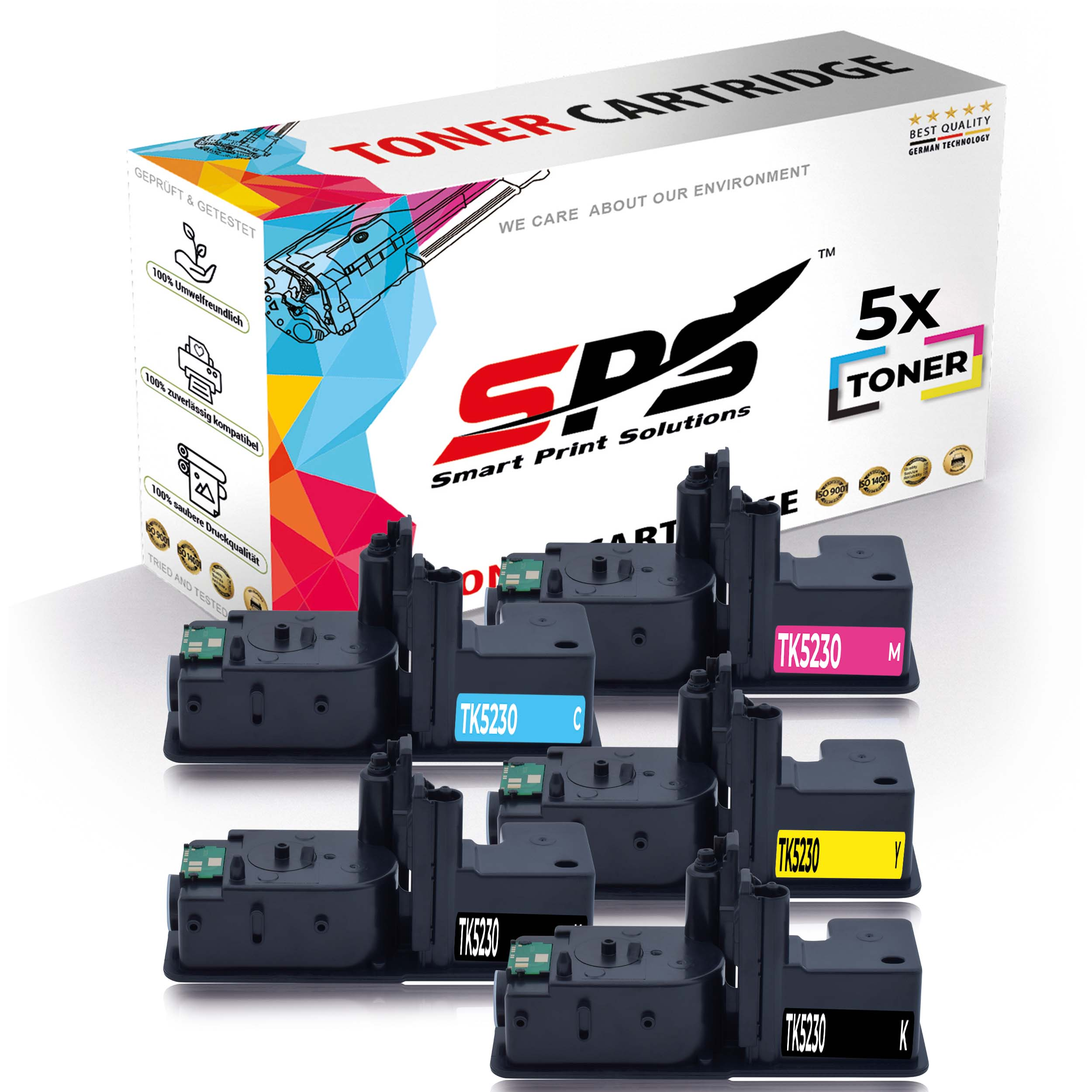 Karton und Patronen. Auf dem Karton steht 'Toner Cartridge'. Patronen sind schwarz, cyan, magenta, gelb. Schwarze sichtbar.