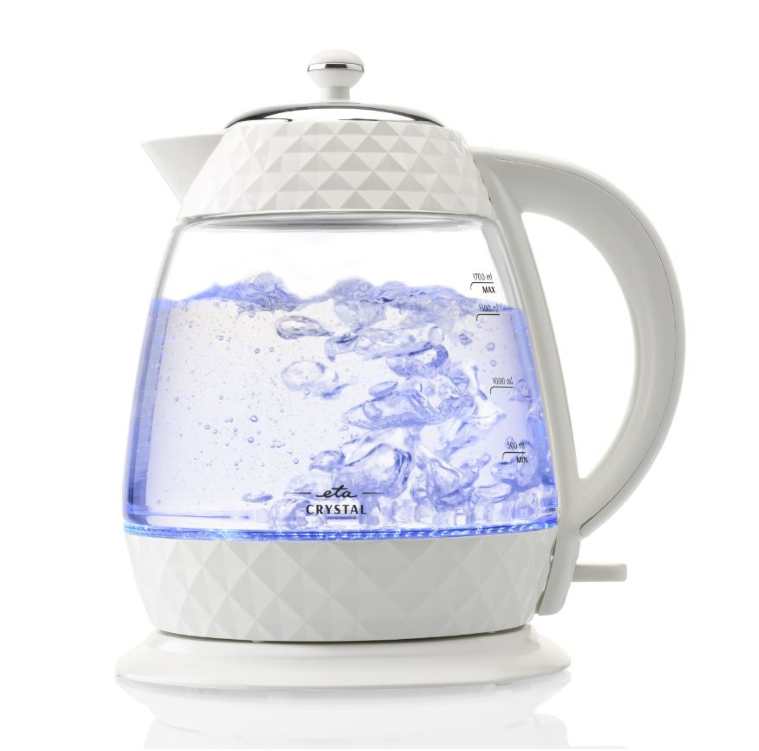 Weißer Wasserkocher mit Wasser und Blasen. Weißer Hintergrund.