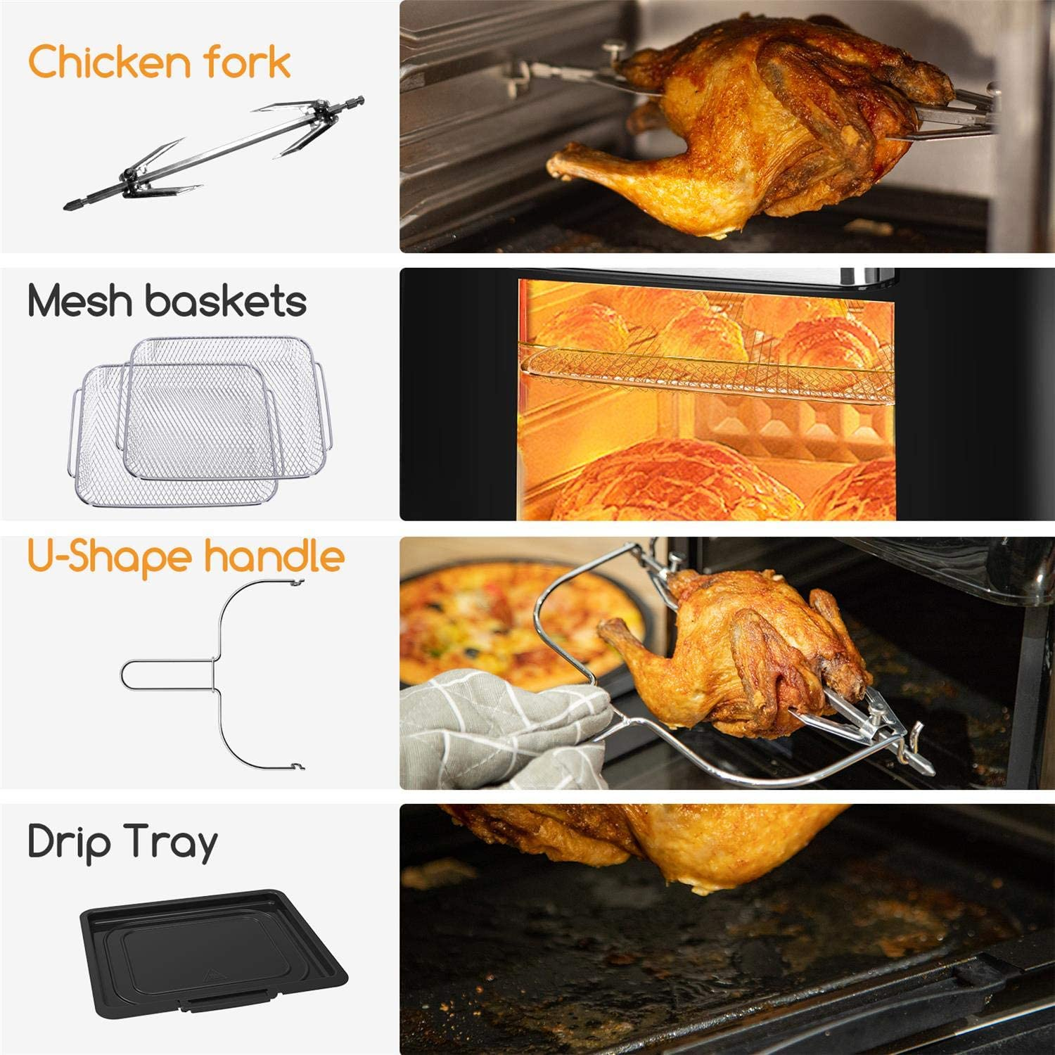 Immagini di accessori per forno: forchetta per pollo, cestelli a rete, maniglia a U, leccarda.