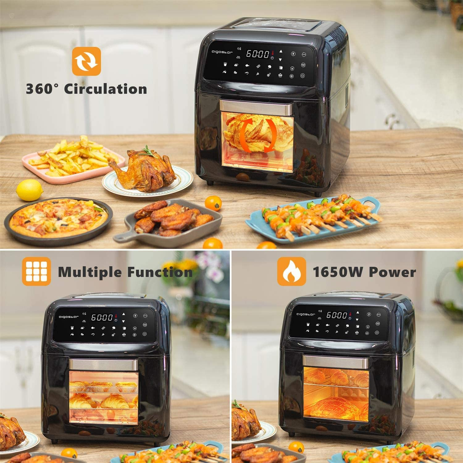 Friggitrice ad aria nera con vari cibi su un tavolo. Funzione multipla ed etichetta di alimentazione 1650W.