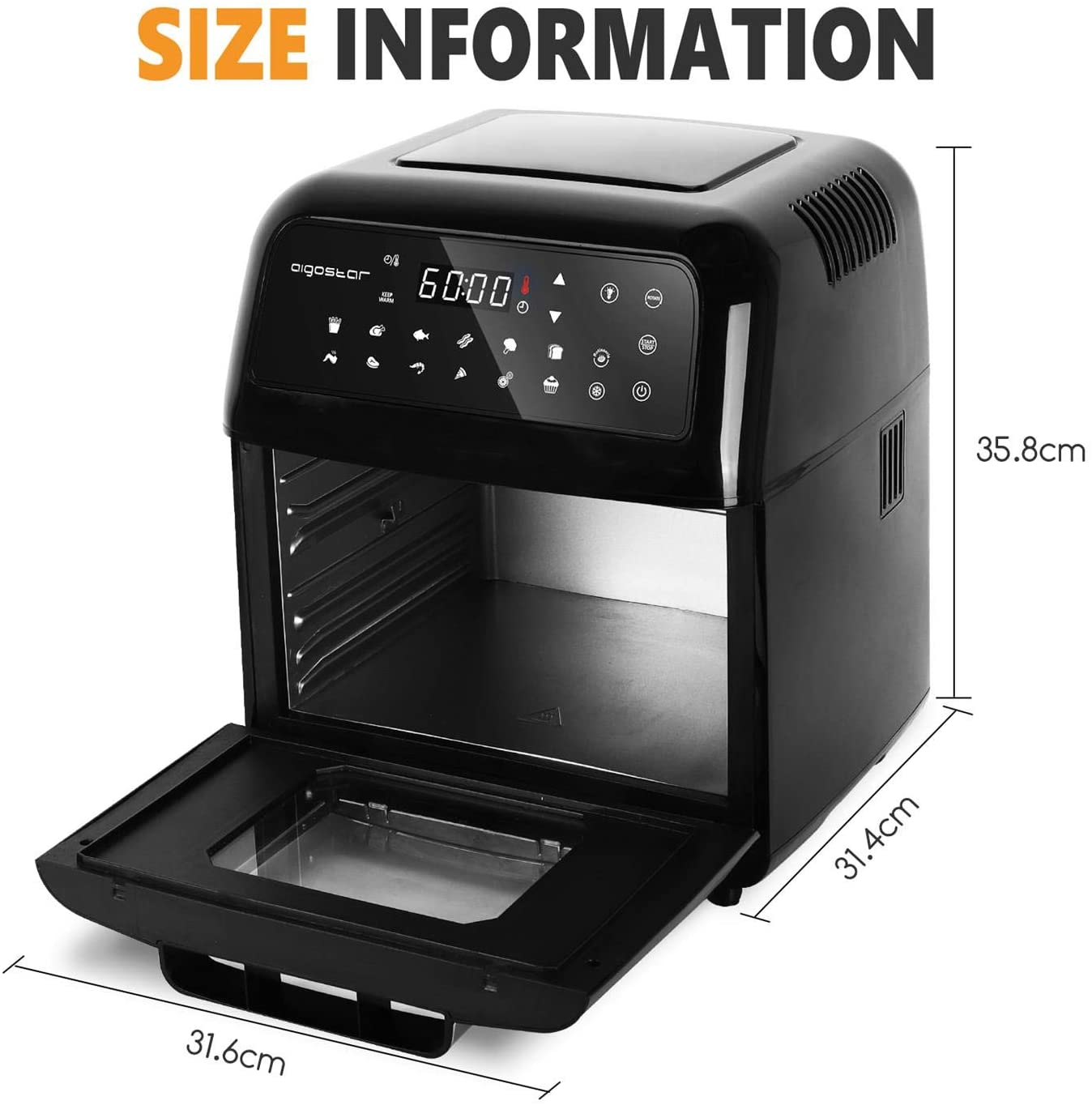 Una friggitrice ad aria nera con la porta aperta. Ha dimensioni visualizzate e un display digitale che mostra 60:00.