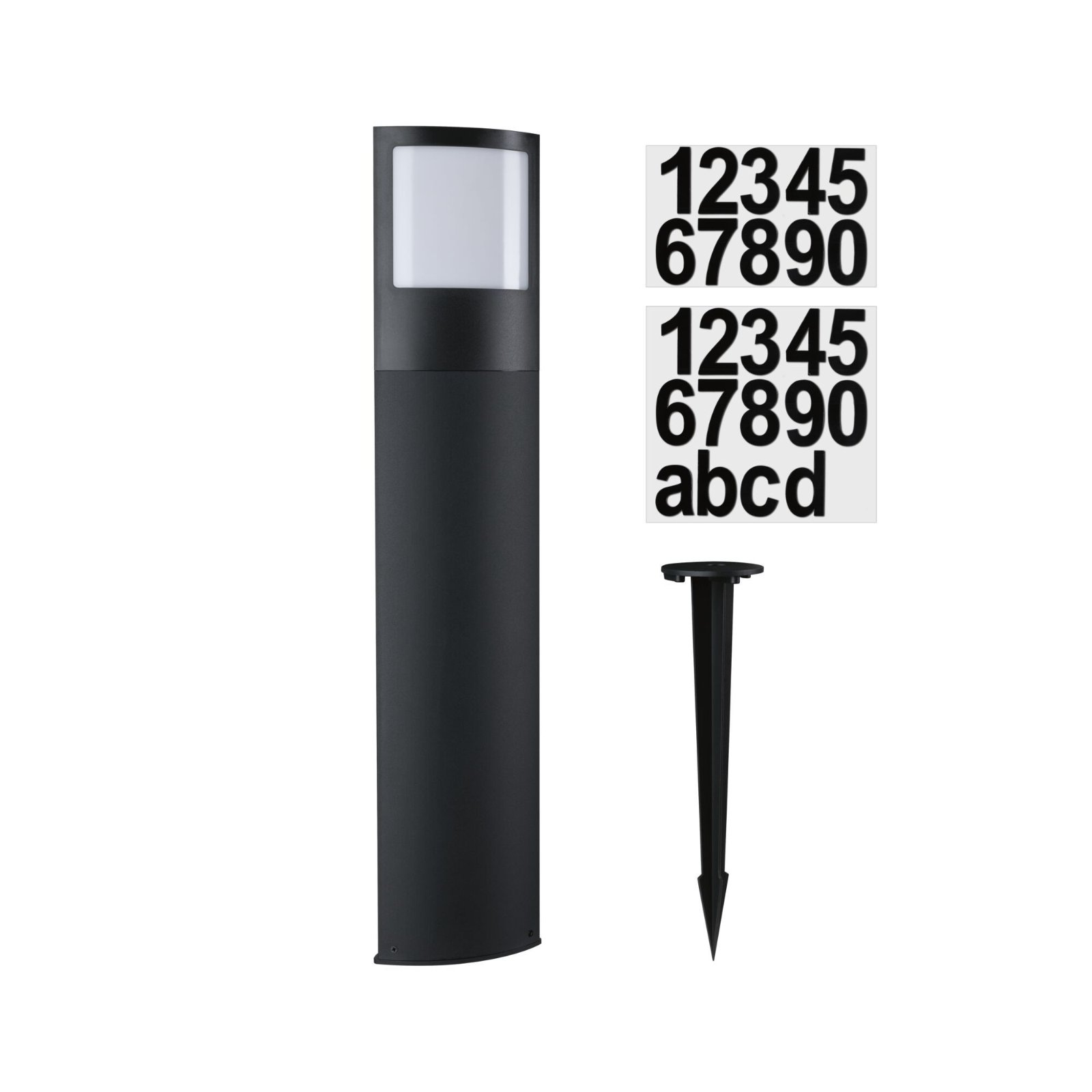 Czarny słupek lampy z numerami. Zawiera numery i litery z boku.