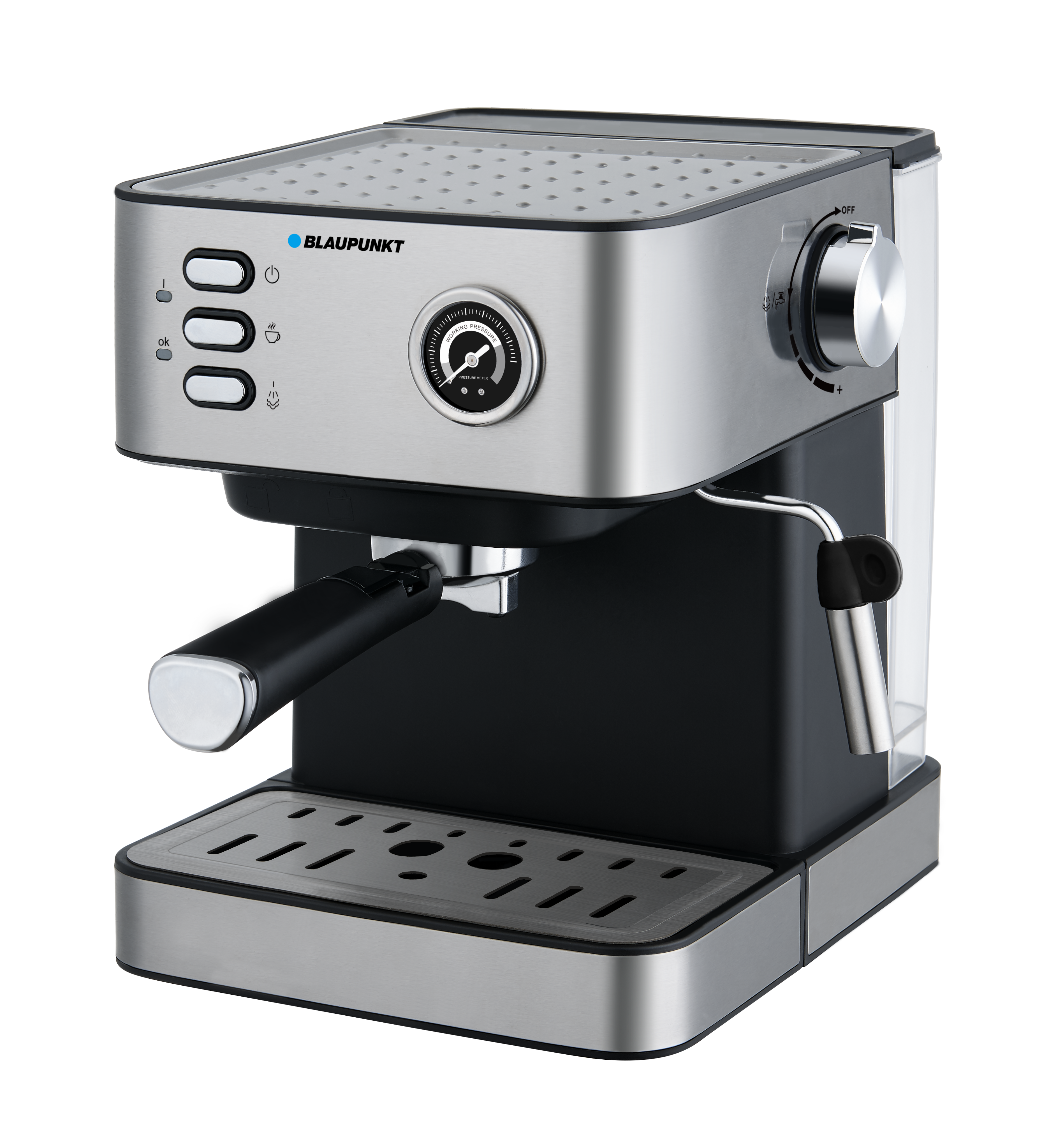 Ekspres do espresso ze stali nierdzewnej z czarnym uchwytem i srebrną tacką ociekową.