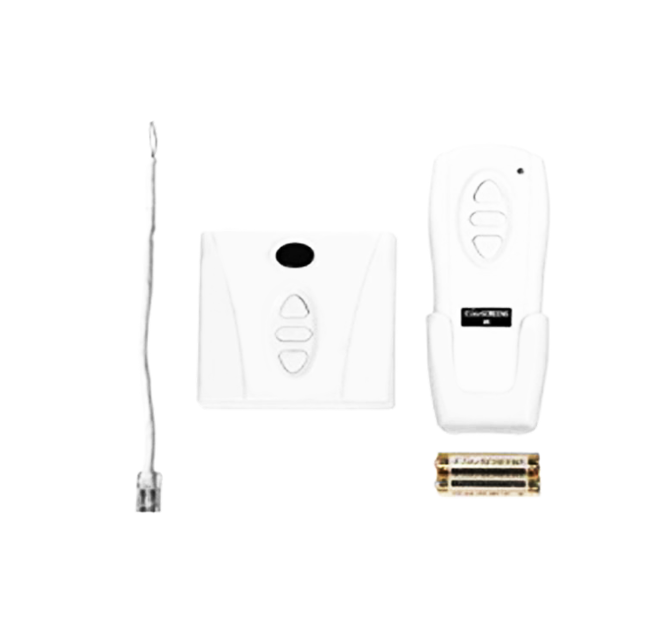 White remote control set with batteries, on a black background.