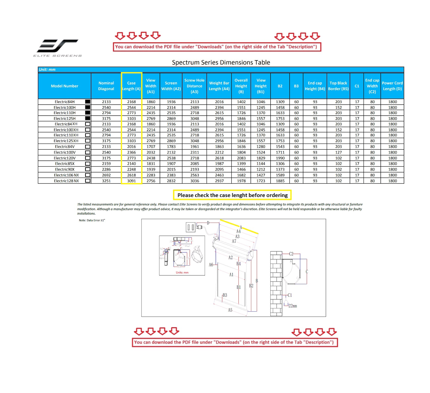 A document with a table of dimensions for different screen models. There are various measurements in the table and a diagram.