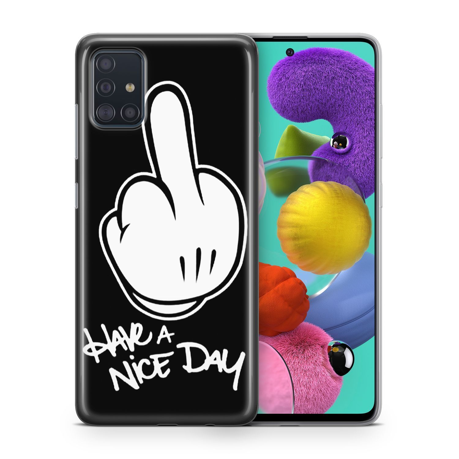 Zeichentrickhand, die den Mittelfinger zeigt. Handyhülle mit Telefon rechts.