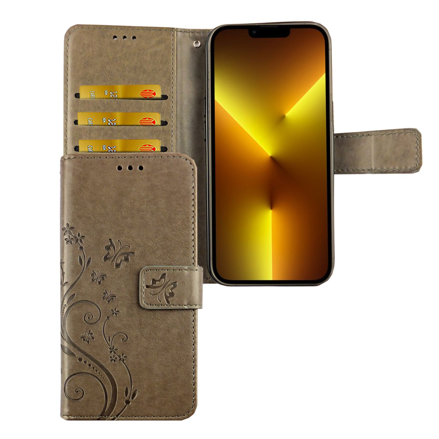 Handyhülle mit braunem Leder-Geldbörsen-Design. Das Telefon zeigt einen gelb-goldenen Farbverlauf.