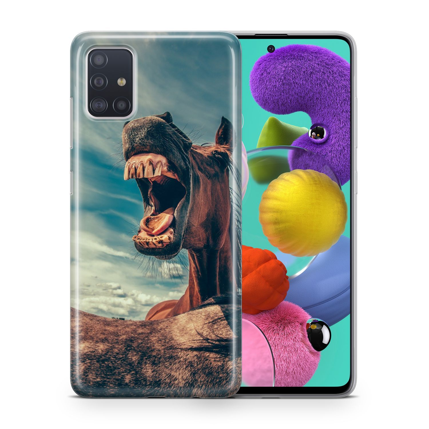 Handyhülle mit einem lachenden Pferd mit offenem Mund. Das Telefon hat Plüschfiguren in Lila, Gelb, Orange und Pink.