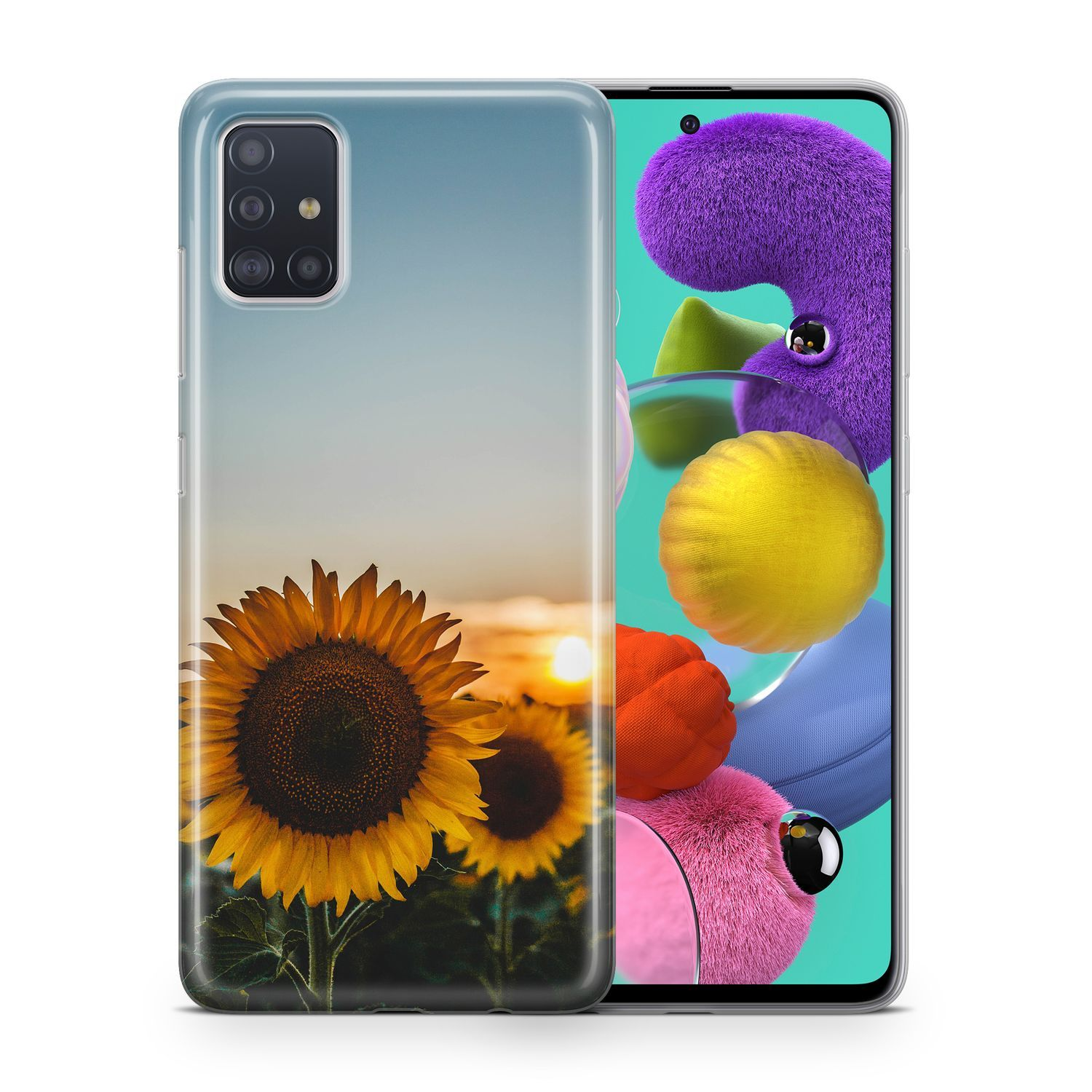 Sonnenblumen bei Sonnenuntergang. Gelbe Blumen im Vordergrund, Sonne im Hintergrund, blauer Himmel.