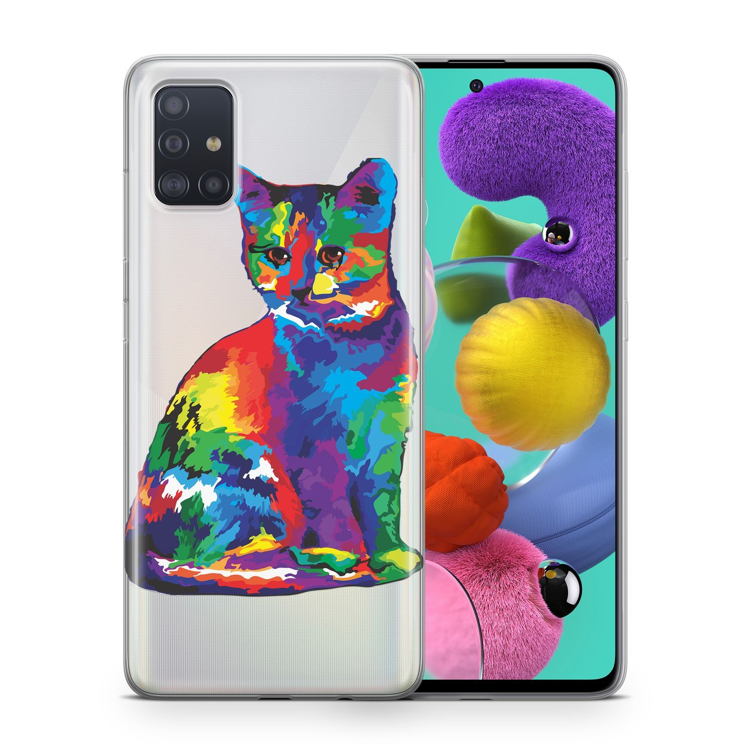 Farbenfrohe Katze auf einer Handyhülle, mit bunten Objekten neben dem Telefon.