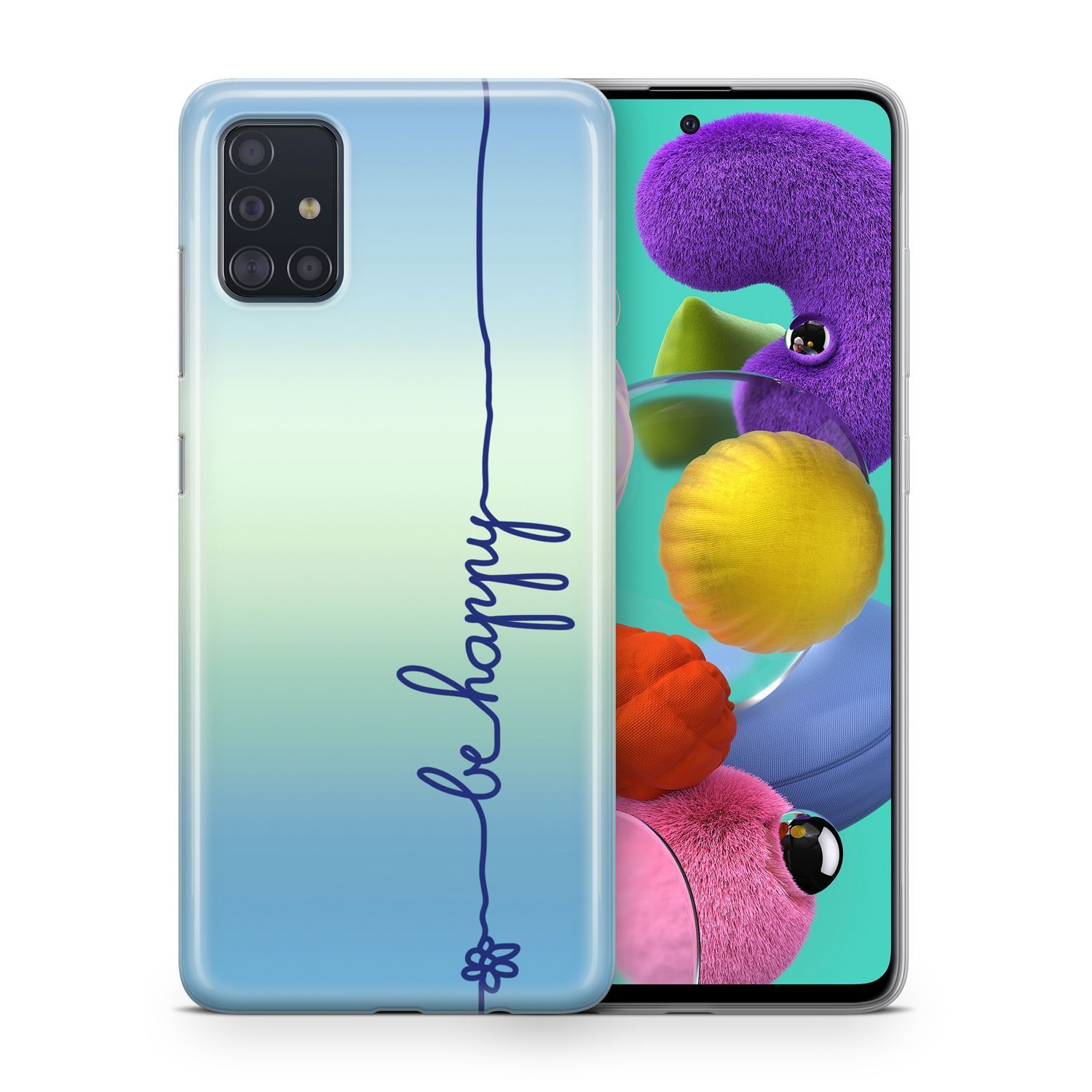 Handyhülle mit blauem Hintergrund und den Worten: be happy. Telefon rechts hat bunte Objekte.