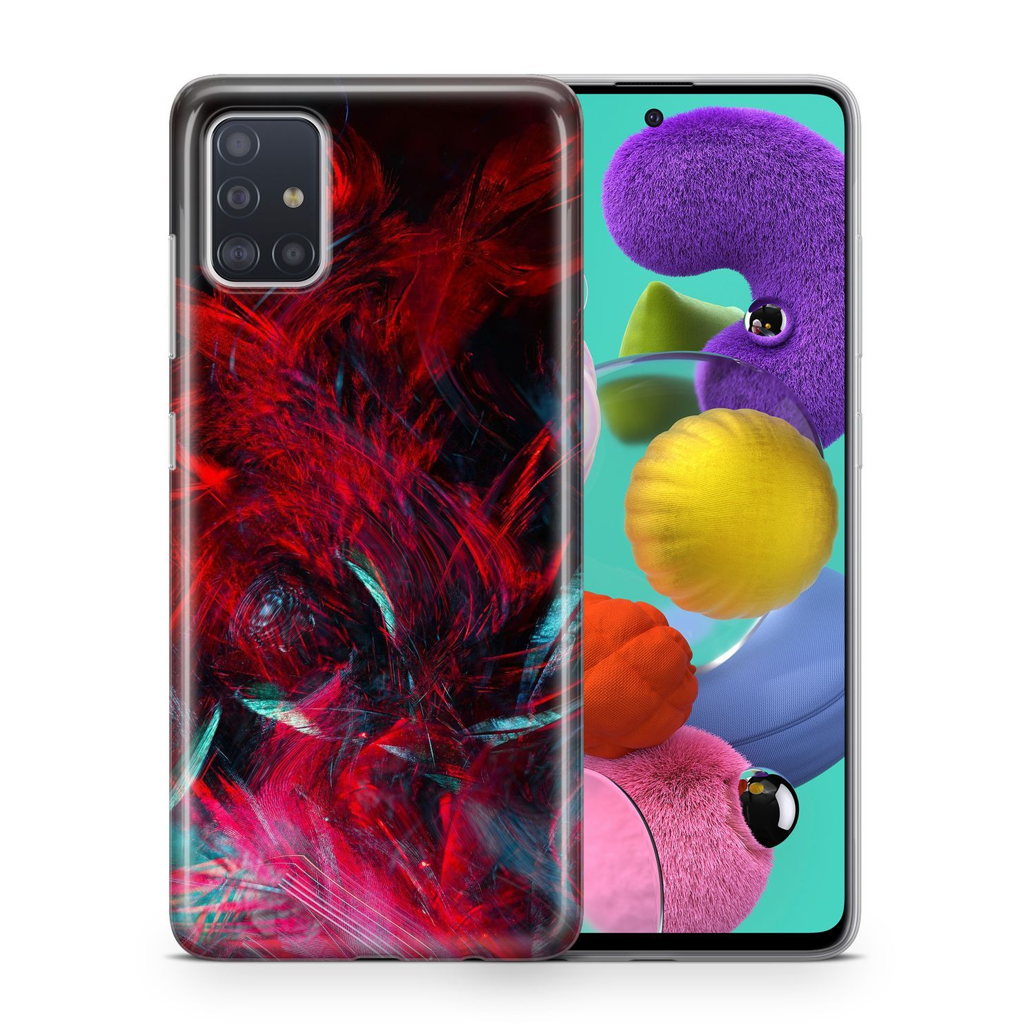 Handyhülle mit abstrakten roten und blauen Strichen auf schwarzem Hintergrund. Telefon rechts, mit Objekten.