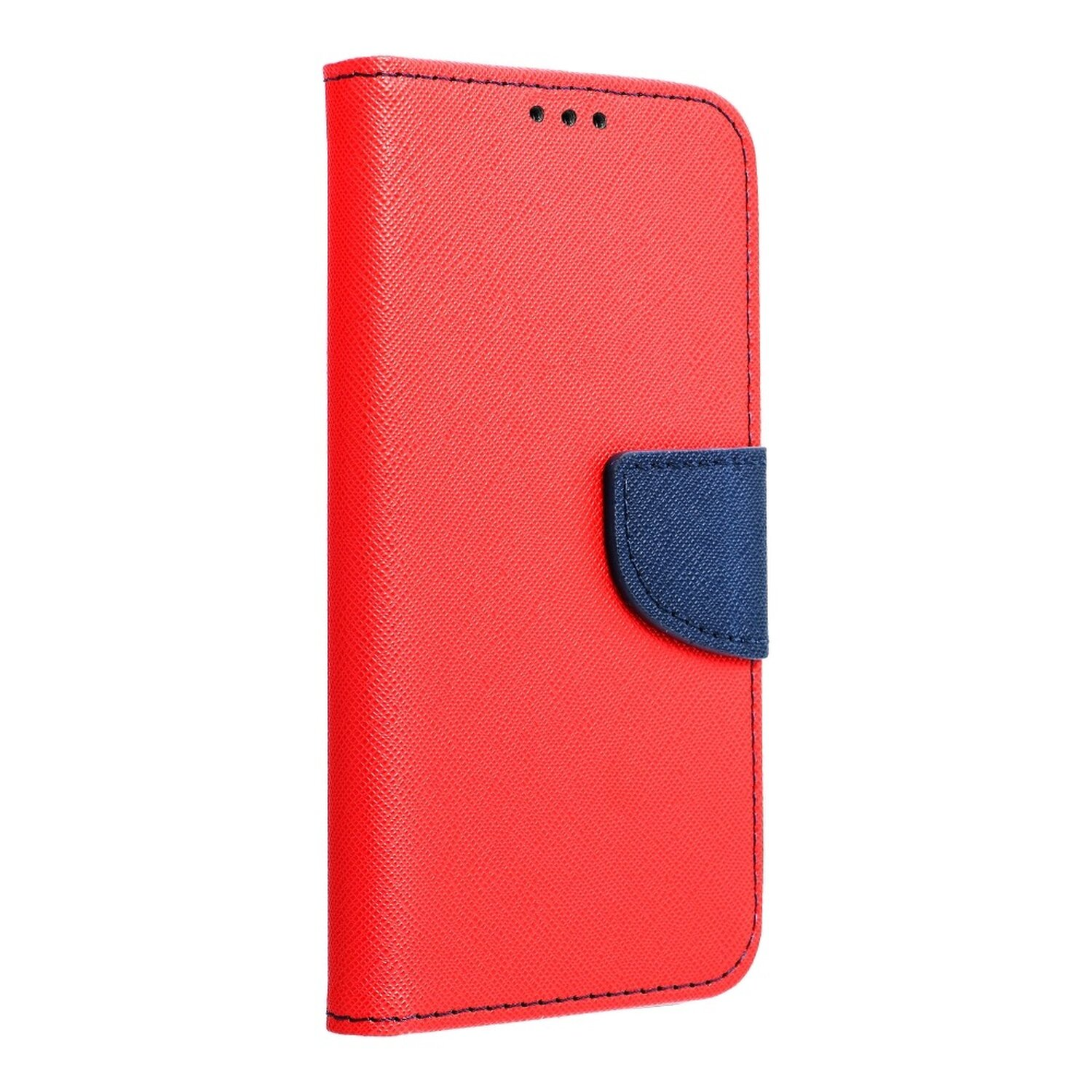 Rote Handyhülle mit marineblauer Klappe und schwarzen Nähten, Seitenansicht.