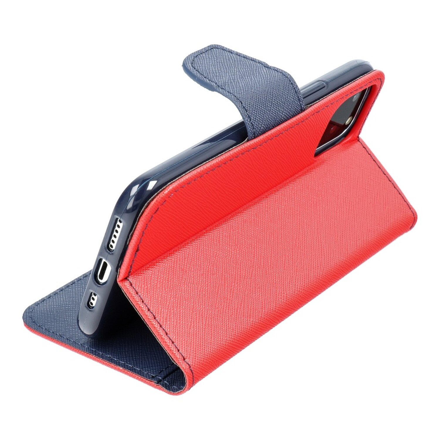 Rote und blaue Handyhülle, teilweise geöffnet, hält ein Telefon.