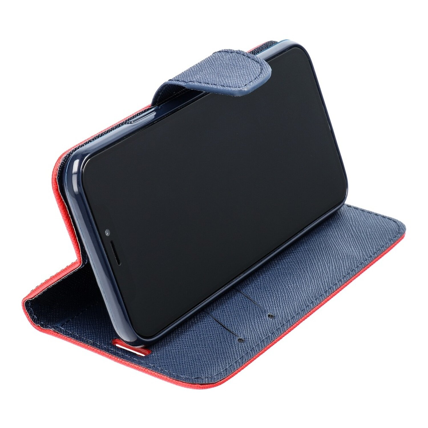 Blau-rotes Handycase mit schwarzem Handy, das den Bildschirm zeigt.