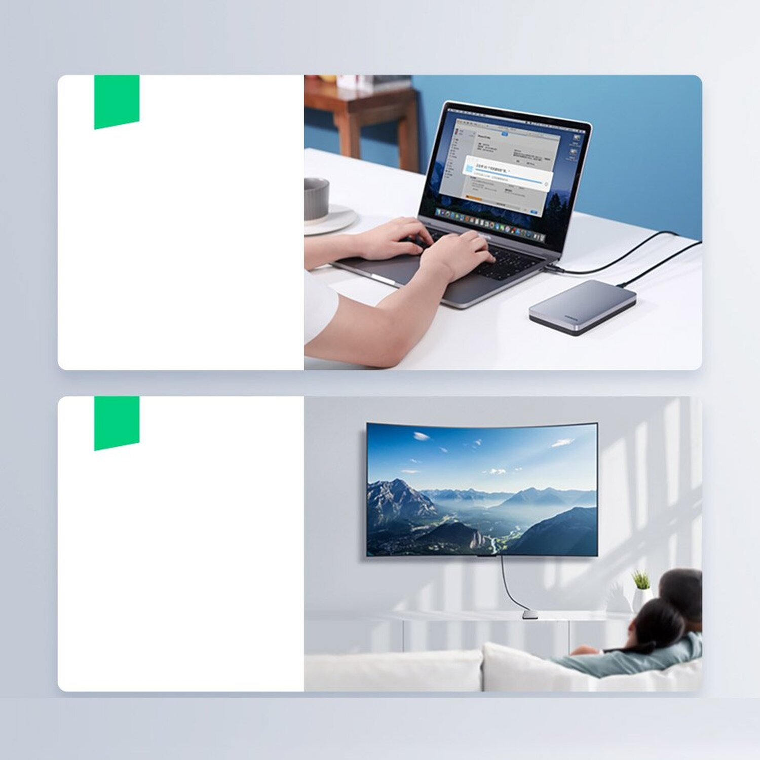 Person benutzt Laptop, verbunden mit externer Festplatte, und ein TV.