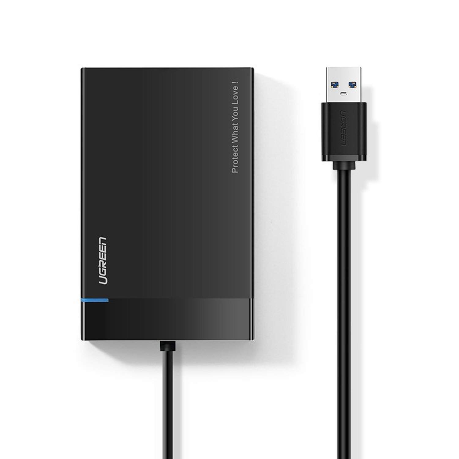 Czarny zewnętrzny dysk twardy UGREEN i kabel USB. Dysk twardy ma niebieską linię.