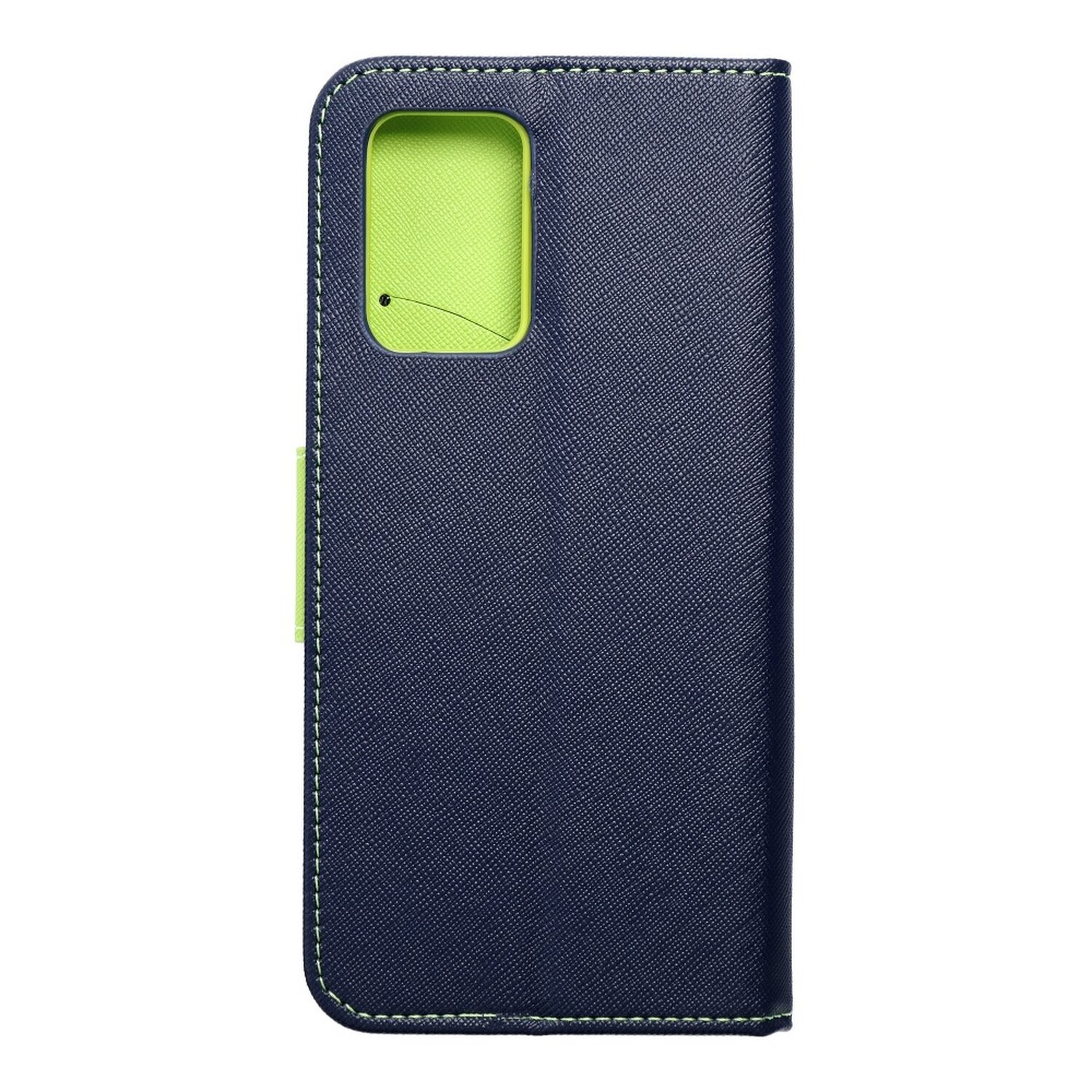 Eine dunkelblaue Handyhülle mit grünem Innenraum und Nähten. Das Telefon ist nicht sichtbar.